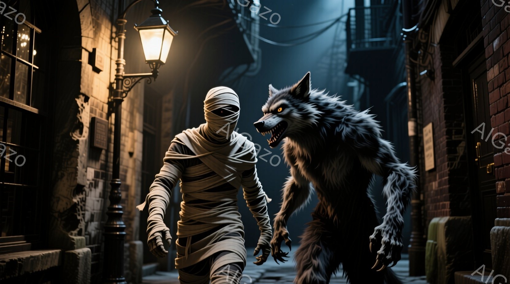 埃っぽい路地に、包帯で全身を覆ったミイラのような人物と、大きく牙をむき出した狼男が並んで立っている。ミイラは前かがみになり、狼男は片足を前に出し、獲物を狙うような姿勢で、まるで何かを追いかけているかのようである。背景にはレンガ造りの建物が並び、薄暗い路地と合わせて、不気味で緊迫した雰囲気を醸し出している。