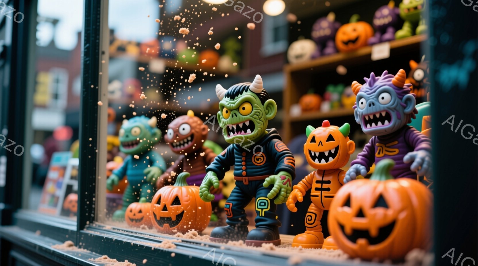 店のショーウィンドウには、ハロウィーンをテーマにしたおもちゃが所狭しと並べられています。緑、紫、オレンジ色のモンスターやジャック・オー・ランタンが、少し不気味でありながらも愛らしい表情を浮かべています - AI生成フリー素材