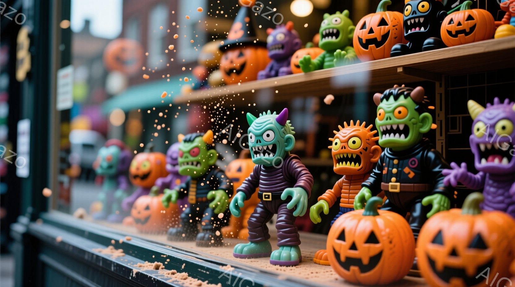 ハロウィーンの飾り付けがされたショーウィンドウの中に、様々なモンスターのフィギュアが並べられています。緑色のフランケンシュタイン、紫色のモンスター、オレンジ色のジャック・オー・ランタンなどが、可愛らしい表情でこちらを見つめています。背景にはぼやけた街並みが見え、全体的に明るく、お祭り気分を盛り上げる雰囲気です。