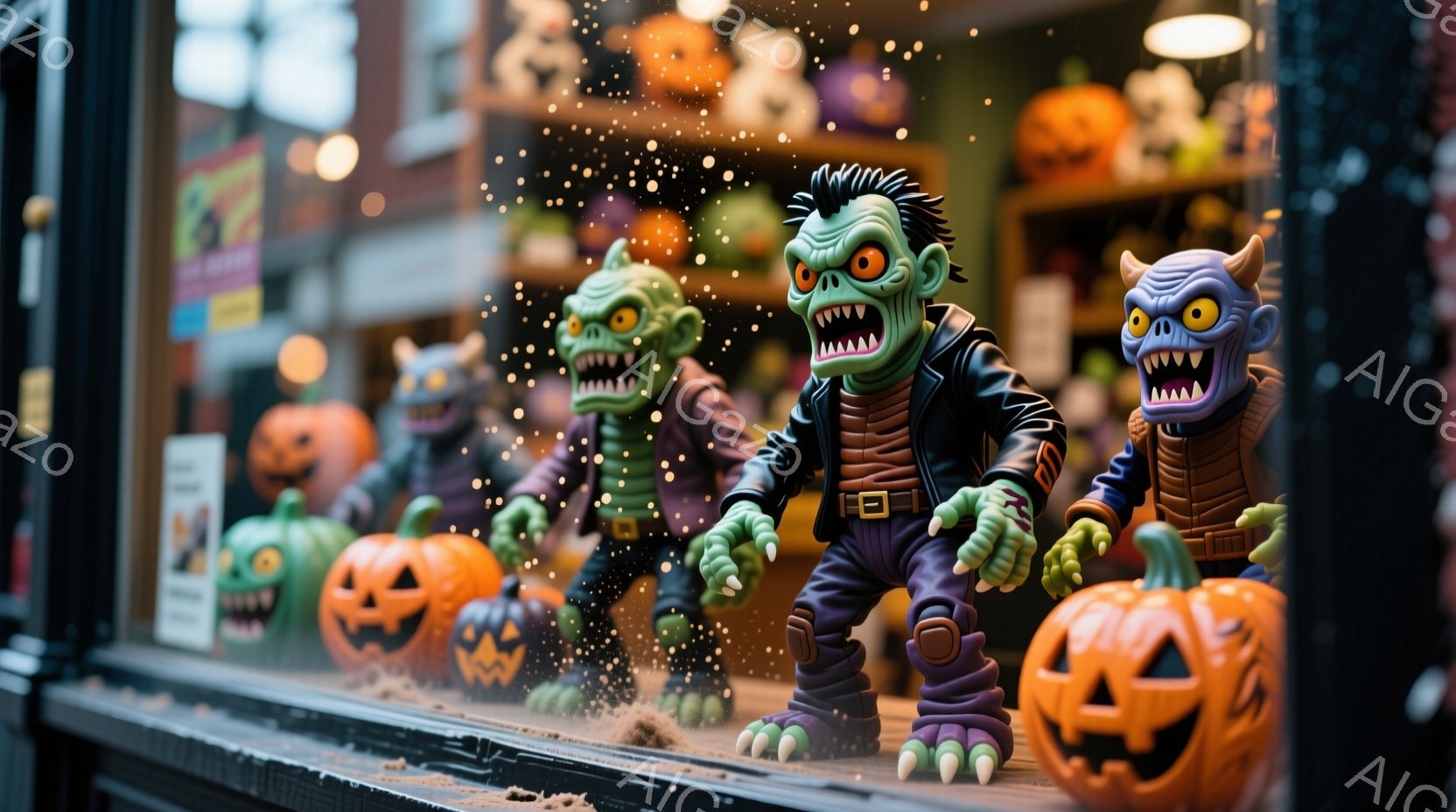 店のショーウィンドウには、ハロウィーンをテーマにしたフィギュアが飾られています。紫色の肌に緑色の髪、黒いジャケットを着たモンスターが、不気味な表情でこちらを見つめており、オレンジ色のカボチャのランタンが並べられています。背景には、ぼやけた街並みが見え、窓には雨粒のようなものが付着し、少し不気味ながらも楽しいハロウィーンの雰囲気を醸し出しています。