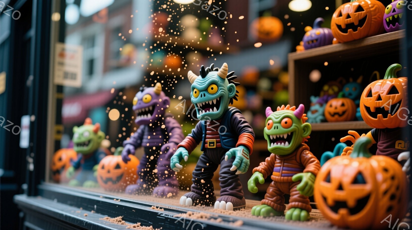 ハロウィーンの装飾が施されたショーウィンドウの中に、紫、緑、オレンジ色のモンスターのフィギュアが並べられています。モンスターたちは、それぞれ異なる色のストライプのセーターとズボンを身につけ、特徴的な表情を浮かべています。背景には、さまざまな大きさのジャック・オー・ランタンが並び、全体的に賑やかで楽しいハロウィーンの雰囲気が漂っています。