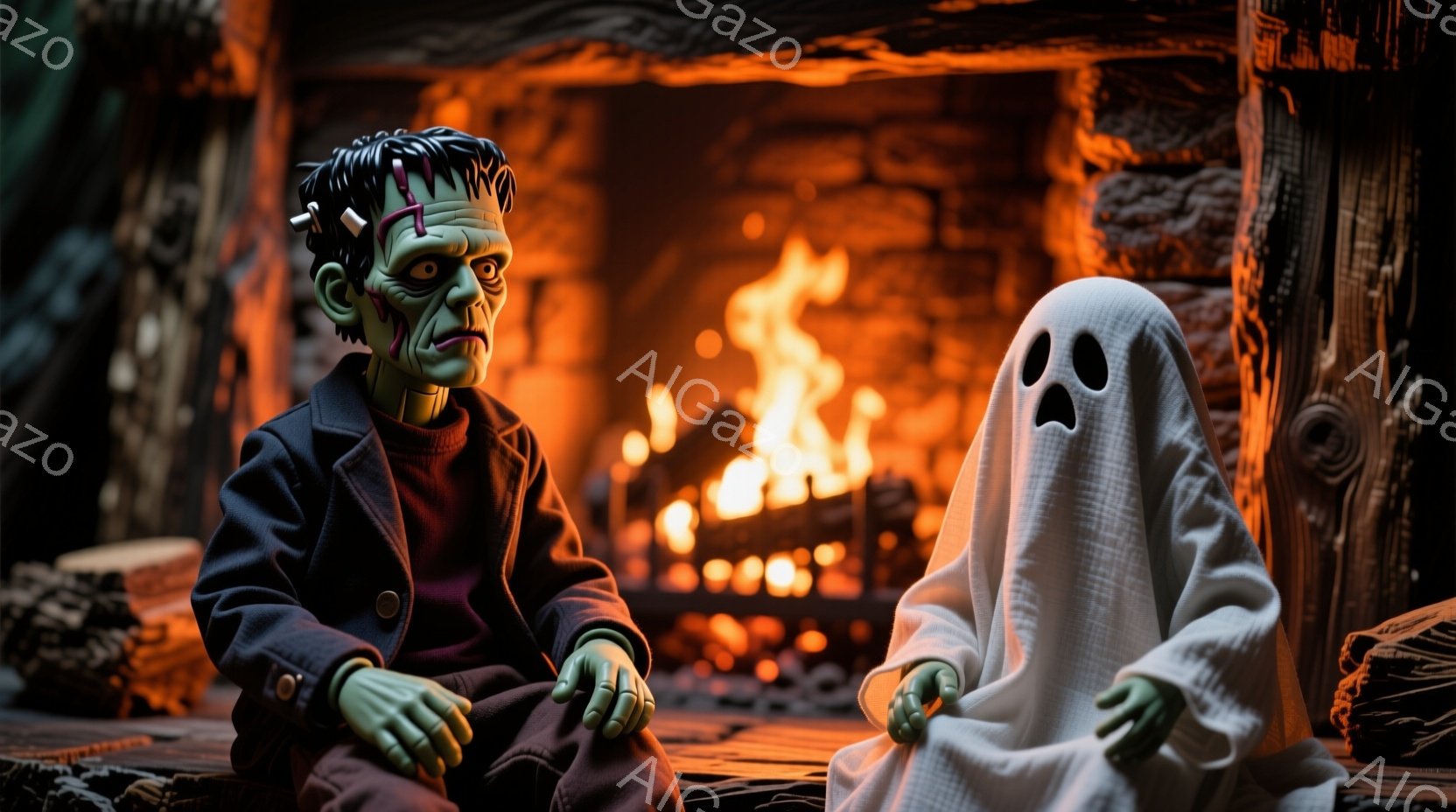 フランケンシュタインのモンスターと幽霊のおもちゃが暖炉の前で座っています。モンスターは黒いスーツを着ており、髪は暗く、顔には傷跡があり、憂鬱な表情をしています。幽霊は白い布で覆われ、笑顔でモンスターの隣に座り、背景には木材でできた暖炉と燃え盛る炎があり、全体的に不気味で暖かい雰囲気が漂っています。