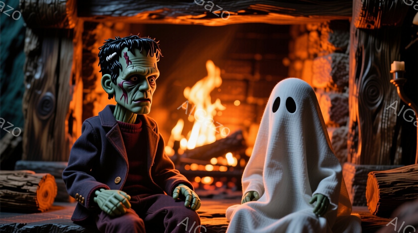 フランクensteinのモンスターがダークブルーのセーターに黒いジャケットを着て、少し憂鬱そうな表情で座っています。白い幽霊は白い布で覆われ、わずかに手が見えていますが、フランクensteinのモンス - AI生成フリー素材