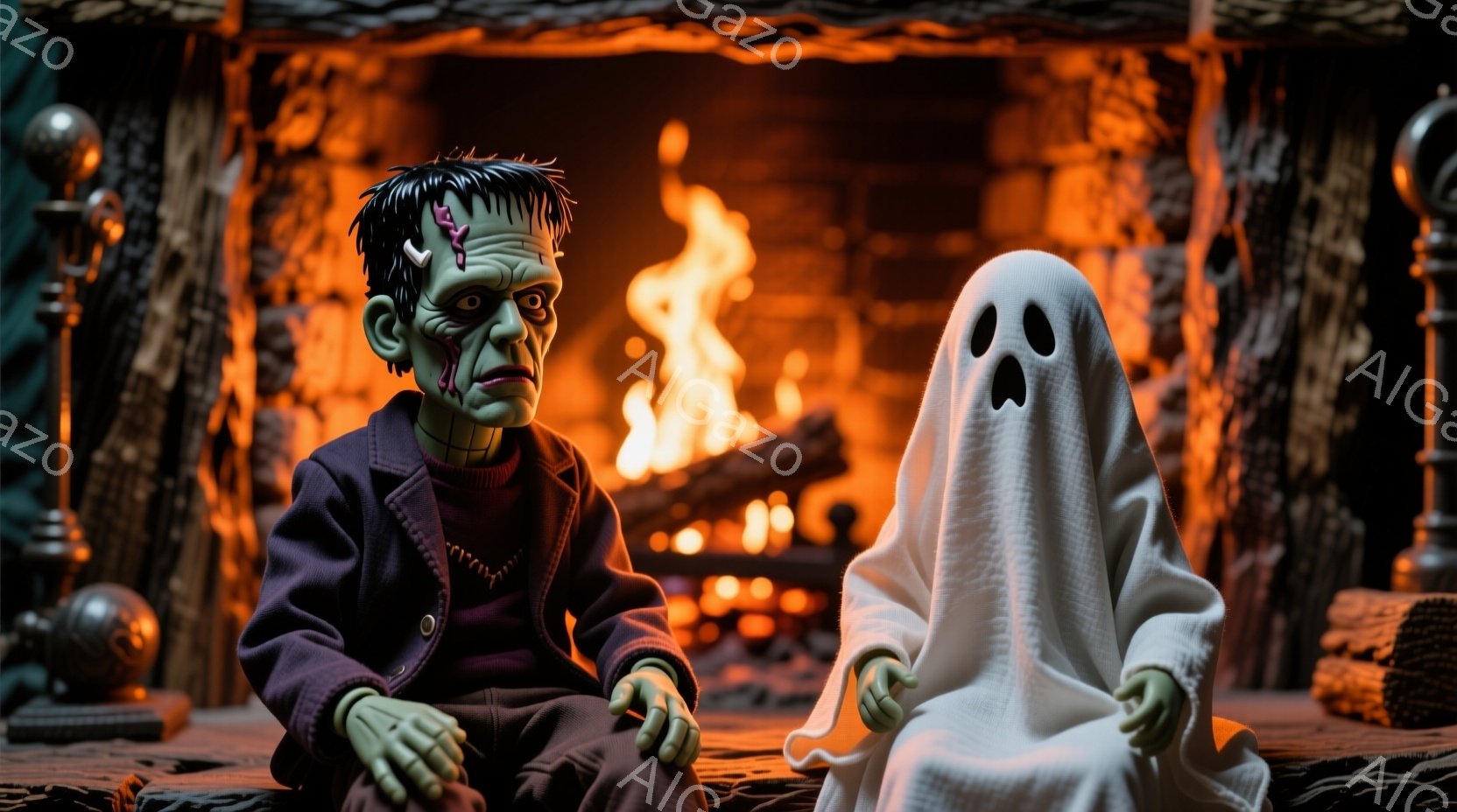 モンスターのような人形が紫色のセーターを着て座っており、青緑色の肌と特徴的なボルトの首を持っています。その隣には、白い幽霊の人形が立っており、顔には黒い穴が開いています。背景には暖炉があり、燃え盛る炎が暖かさを与え、ハロウィーンのような不気味で楽しい雰囲気を醸し出しています。