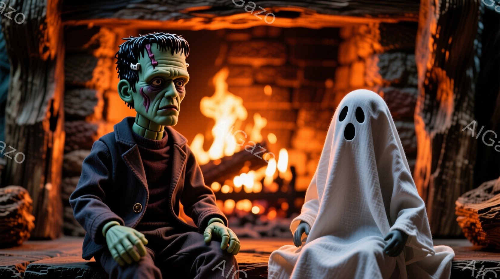 不気味なフランケンシュタインのモンスターと幽霊が、暖炉の炎の前で並んで座っている。フランケンシュタインは黒いジャケットを着ており、緑色の肌と特徴的な髪型をしている。幽霊は白い布で覆われ、顔の輪郭がうっすらと見える暖炉の炎はオレンジ色で、不気味ながらも温かい雰囲気を醸し出している。