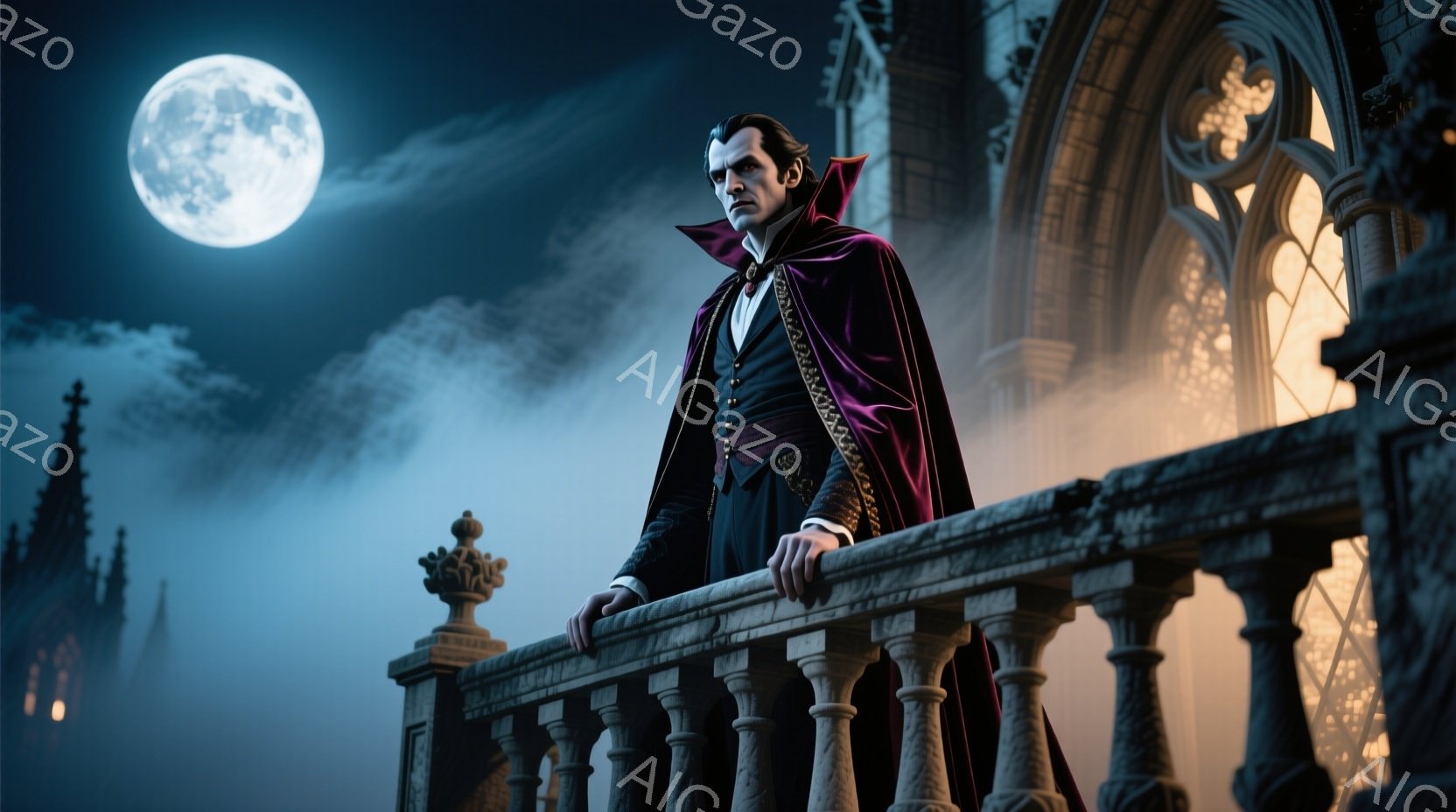 深紅の豪華なローブを纏った男性が、石造りのバルコニーに佇んでいます。彼は黒髪で、整った口髭を持ち、鋭い眼差しで遠くを見つめています。背景にはゴシック様式の建物と満月が浮かび、霧が立ち込める夜の雰囲気を作り出しています。