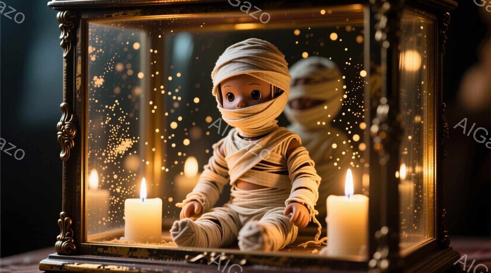 古風な装飾が施されたガラスケースの中に、包帯でぐるぐる巻きにされた人形が座っています。人形は大きな目をしており、表情は読み取れませんが、周囲には点灯したロウソクがいくつか置かれ、薄暗く神秘的な雰囲気を - AI生成フリー素材