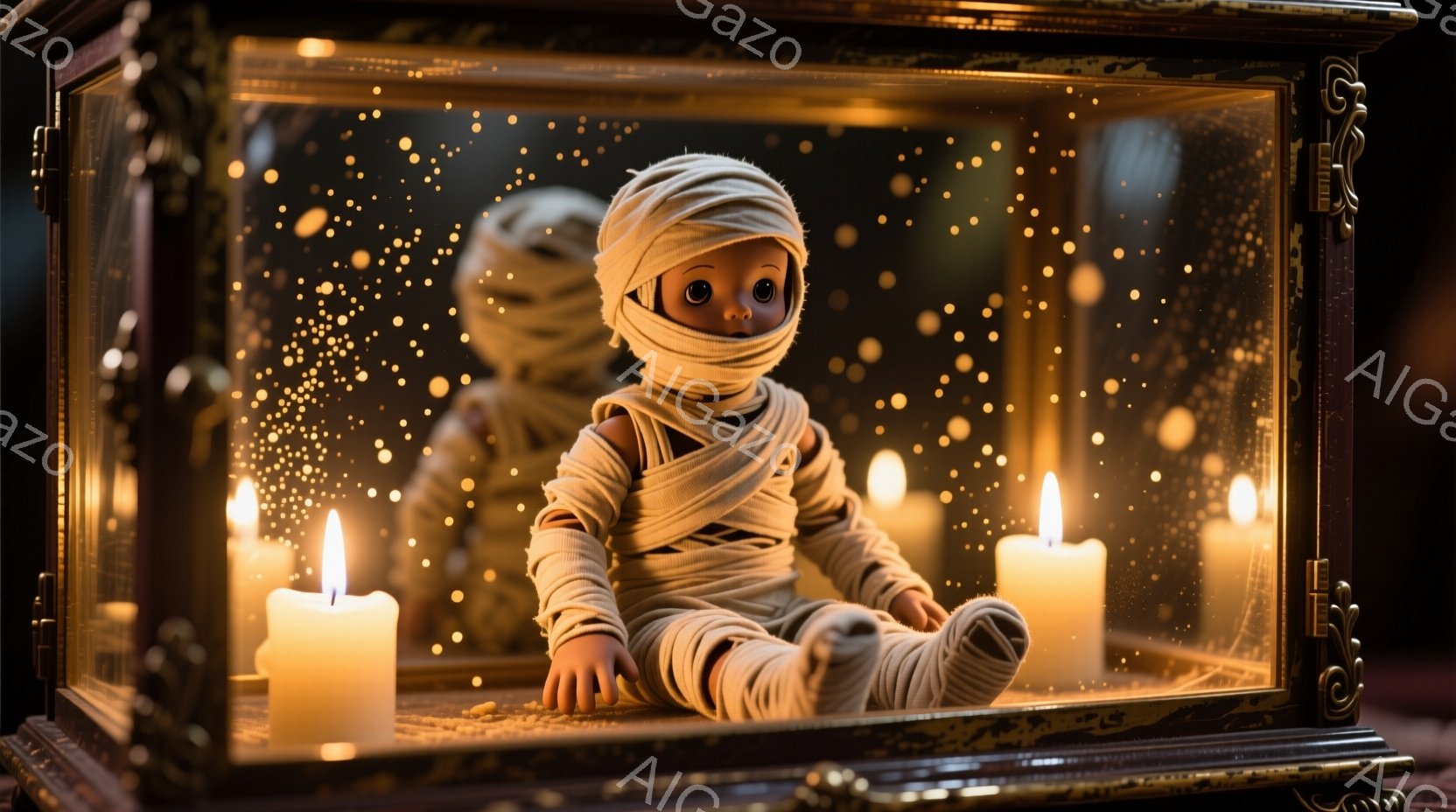 古びた木製の箱の中に、包帯でぐるぐる巻きにされた小さな人形が座っています。人形は大きな丸い瞳でこちらを見つめており、無表情ながらもどこか不気味な印象を与えます。箱の中には複数のロウソクが灯されており、周囲に漂う埃や光の粒子が幻想的な雰囲気を醸し出しています。