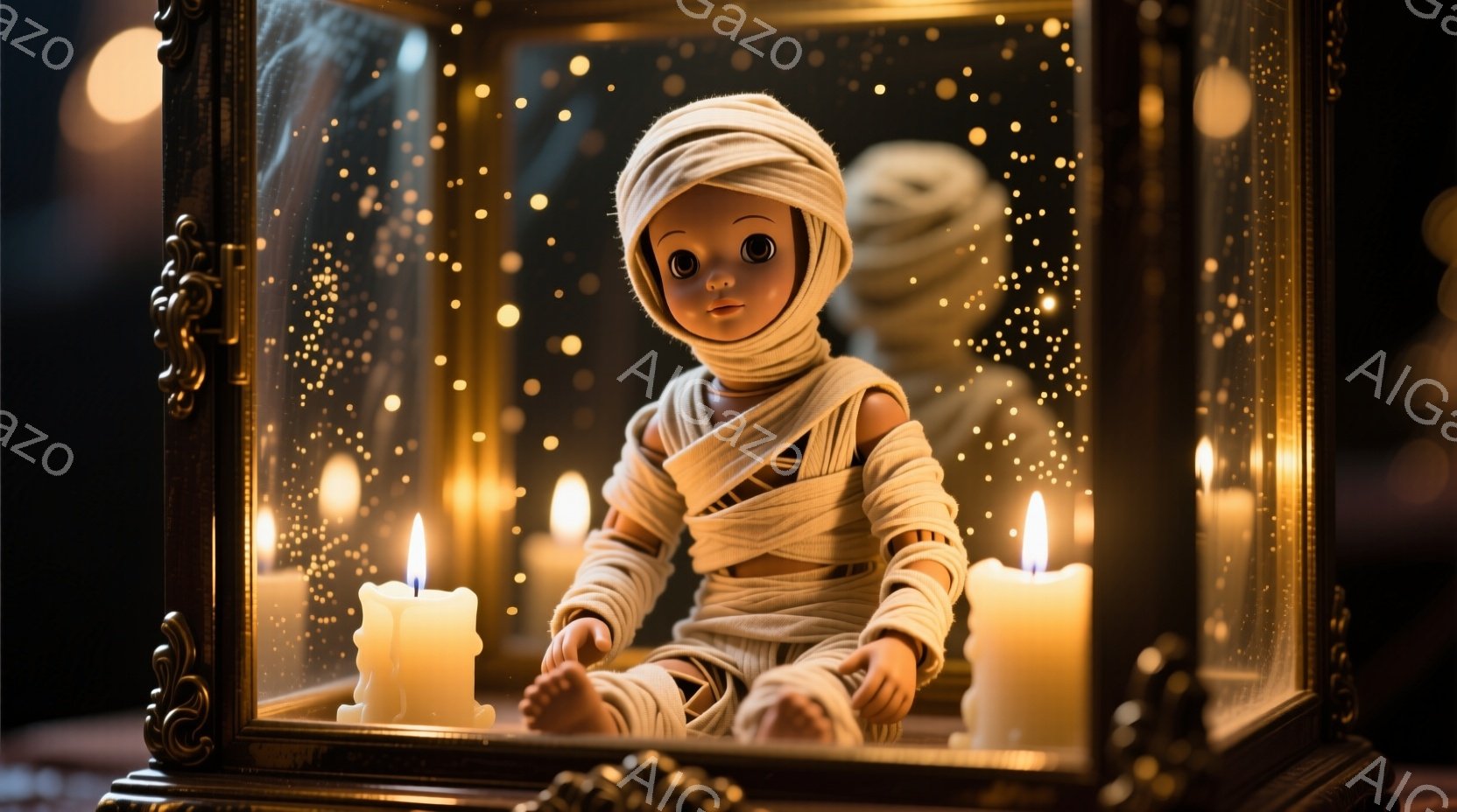 古風なフレームに飾られた人形が、まるでミイラのように包帯で覆われている。人形は膝を曲げて座っており、大きな瞳は静かにこちらを見つめている。背景にはぼんやりとした光の粒子と、点灯したロウソクが配置され、神秘的で少し不気味な雰囲気を醸し出している。