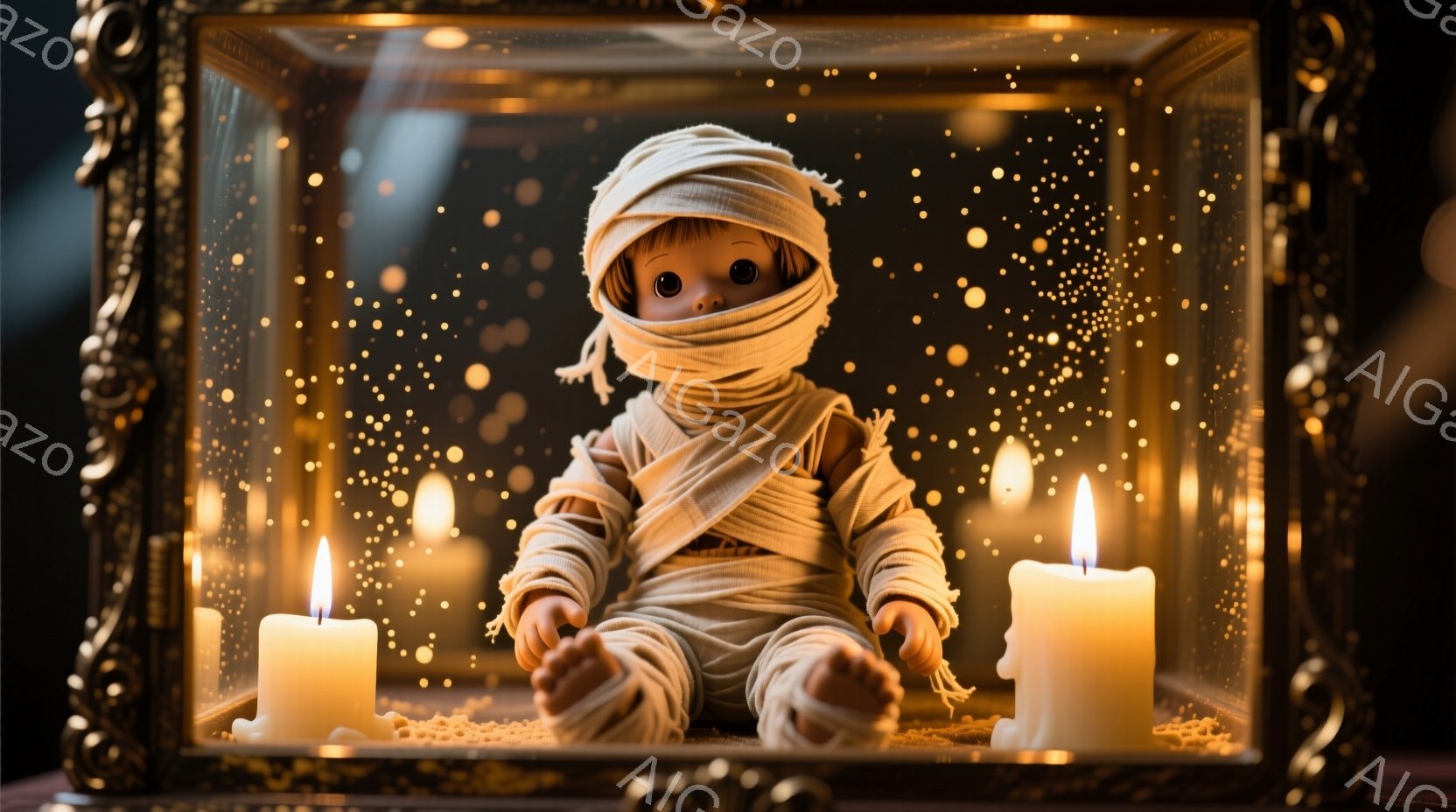 古風な装飾が施されたフレームの中に、包帯で全身を覆われた人形が座っています。人形は膝を曲げ、両手を膝の上に置き、静かに座っています。背景にはかすかな光の粒子が舞い、両脇には火が灯ったキャンドルが置かれ、神秘的で落ち着いた雰囲気を醸し出しています。