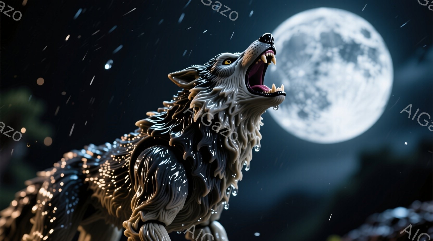 闇夜に、黒と灰色の毛並みを持つ狼が、大きく口を開けて遠吠えをしている。満月が背景に輝き、狼の体には雨粒が降り注ぎ、夜の静けさと狼の力強さが際立っている。この構図は、野生の美しさと神秘的な雰囲気を醸し出している。