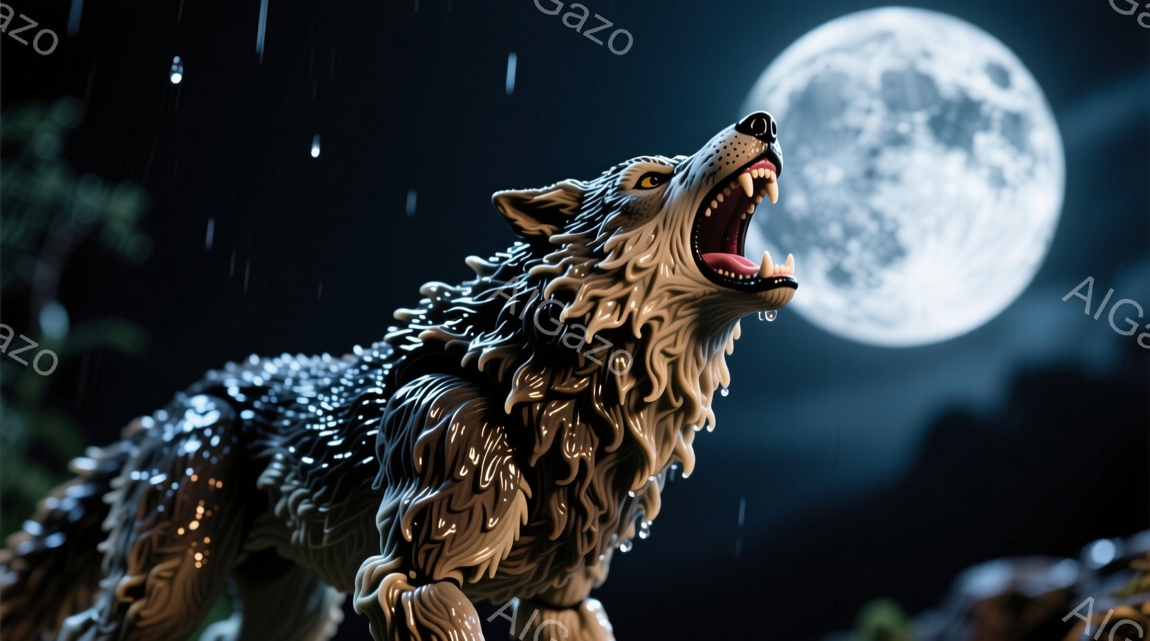 漆黒の毛並みを持つ狼が、月明かりの下で大きく吠えている姿が捉えられています。その表情は激しく、牙をむき出し、力強い咆哮を放っています。背景には暗い森が広がり、月が照らし出す雨粒が幻想的な雰囲気を醸し出しています。