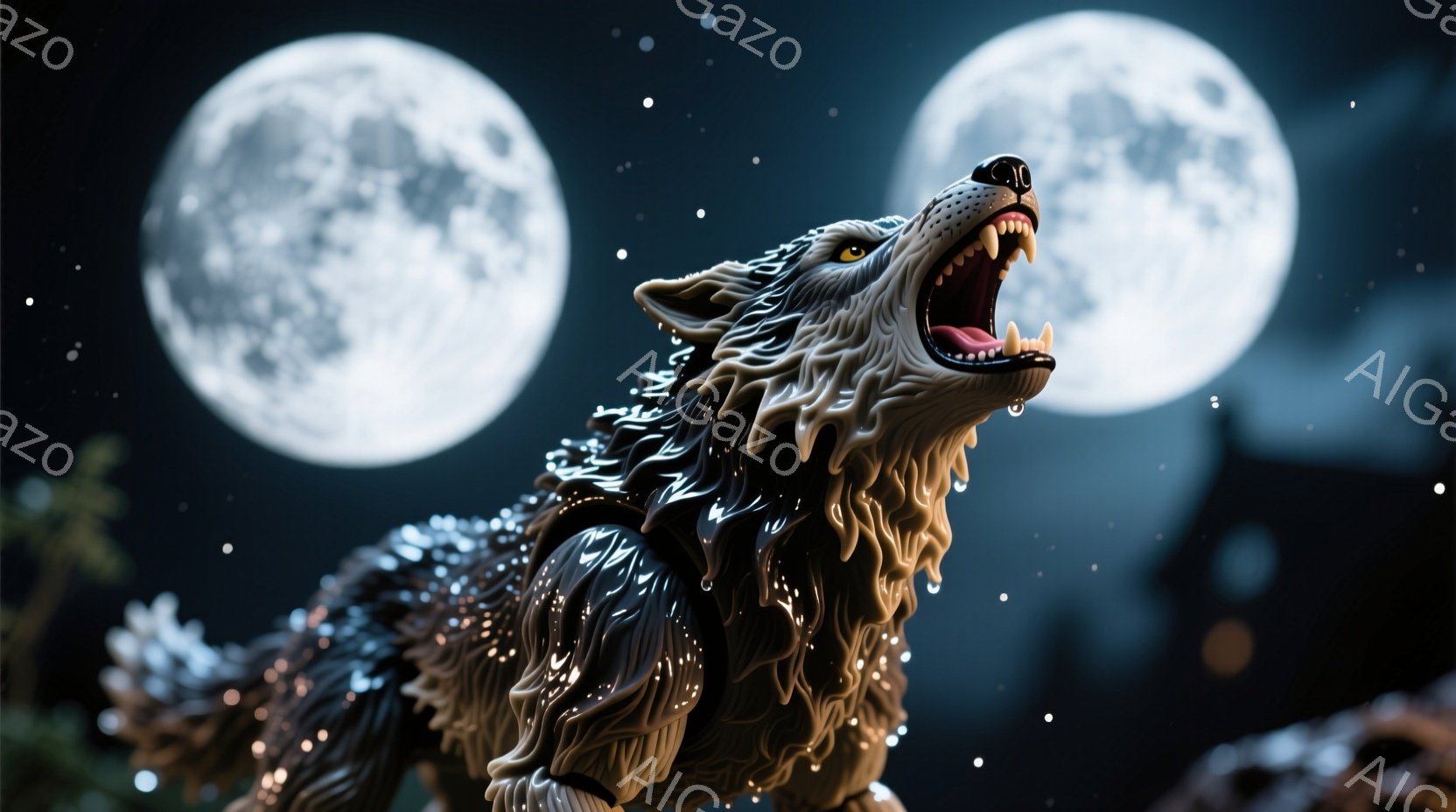 暗い夜空の下、毛並みの美しい狼が月に向かって遠吠えをしている。狼は口を開け、鋭い牙をむき出しにしており、その表情は力強く、野性的だ。背景にはシルエットになった建物と植物が見え、２つの大きな満月が夜空を照らし、神秘的で幻想的な雰囲気を醸し出している。
