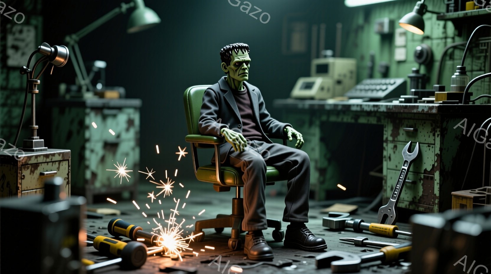 フランケンシュタインの怪物のような人物が、散らかった工具で溢れる作業室の椅子に座っている様子を描いています。彼は黒いスーツとネクタイを着ており、緑色の肌と特徴的な髪型をしています。スパークが散る中で、工具が床に散乱しており、全体的に薄暗く、やや不穏な雰囲気を醸し出しています。