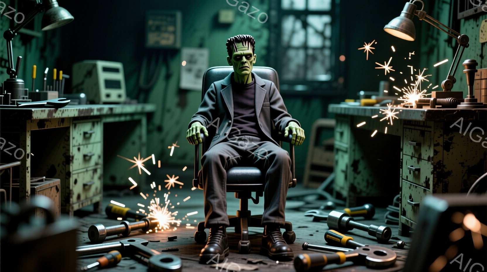 緑色の肌をしたフランケンシュタインの怪物らしき人物が、作業用の椅子に座っている。彼は黒い靴とダークスーツ、白いシャツを着ており、無表情で前を見つめている。背景には工具が散らばり、作業台や金属製の棚が並ぶ、薄暗く無機質な作業場が広がっている。