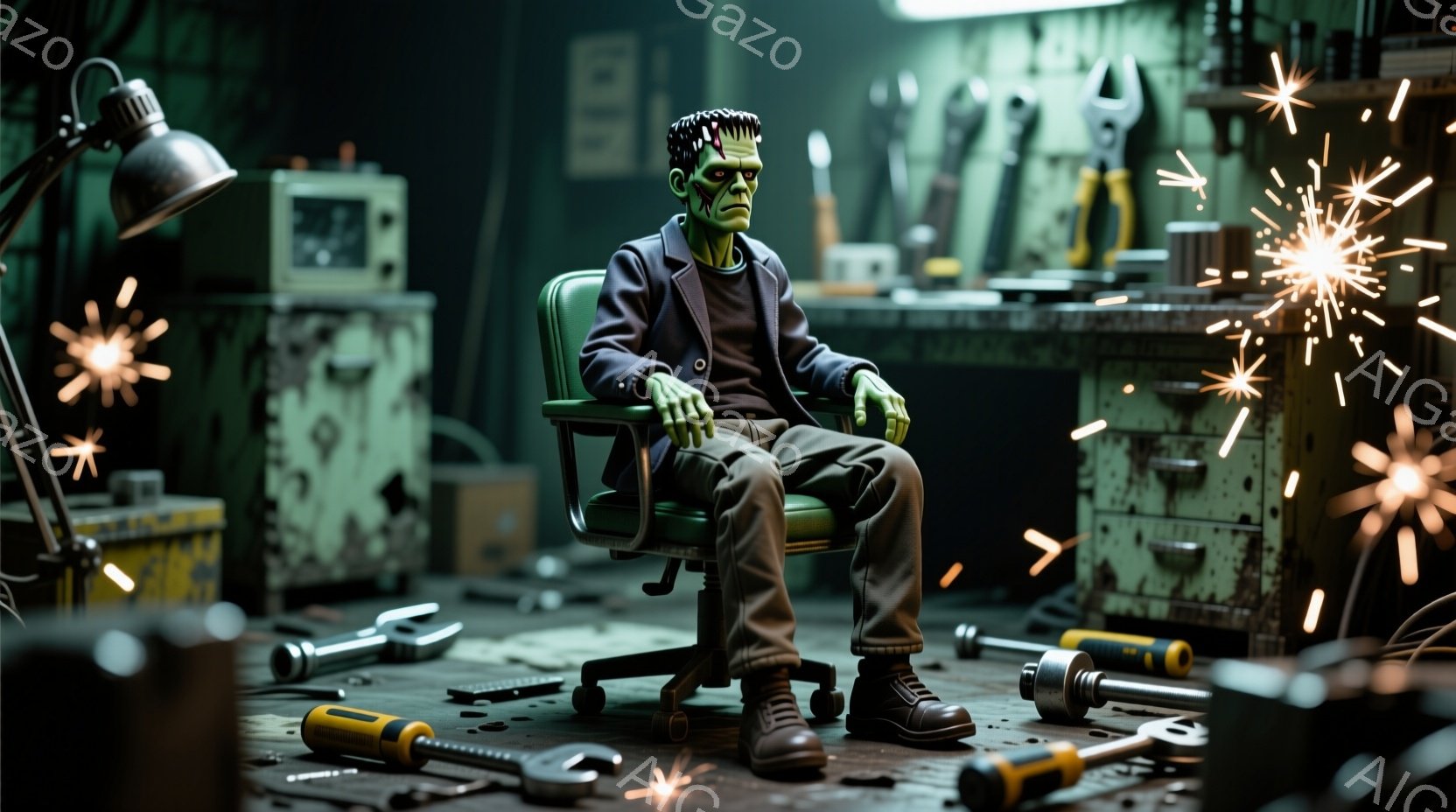 緑色の肌をしたフランケンシュタインの怪物のような男性が、ワークショップのような部屋でオフィスチェアに座っている。彼は黒いジャケット、白いシャツ、茶色の靴を着用しており、姿勢はやや疲れているように見える。背景には、工具や機械部品が散らばった古い作業台があり、部屋全体が薄暗く、機械的な雰囲気を醸し出している。