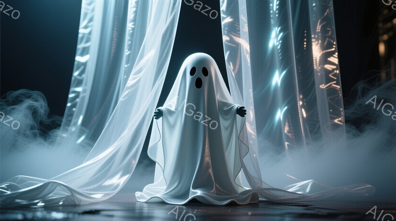 白い幽霊のような姿が、まるでシーツを被ったように立っている。目は大きく丸く、口も大きく開いていて、少しコミカルな表情をしている。背景には、ぼやけた光の帯が垂れ下がり、霧のようなものが漂っており、幻想的で少し不気味な雰囲気を醸し出している。