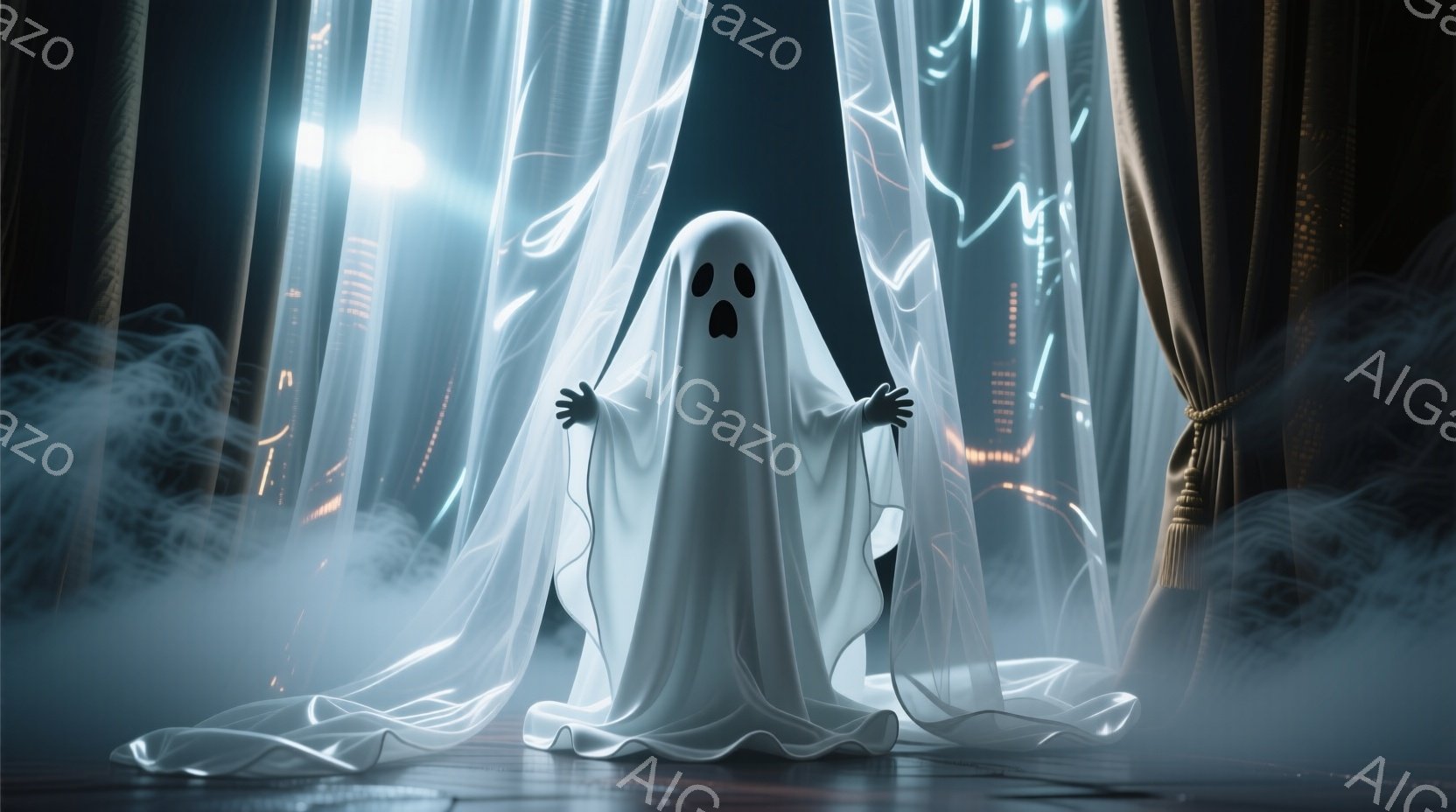 白い幽霊が、黒い背景にぼんやりと浮かび上がっています。幽霊は目を大きく見開き、口を大きく開けて驚いた表情をしています。背景には霧のようなものが立ち込め、舞台のような雰囲気で、少し不気味で幻想的な印象を - AI生成フリー素材