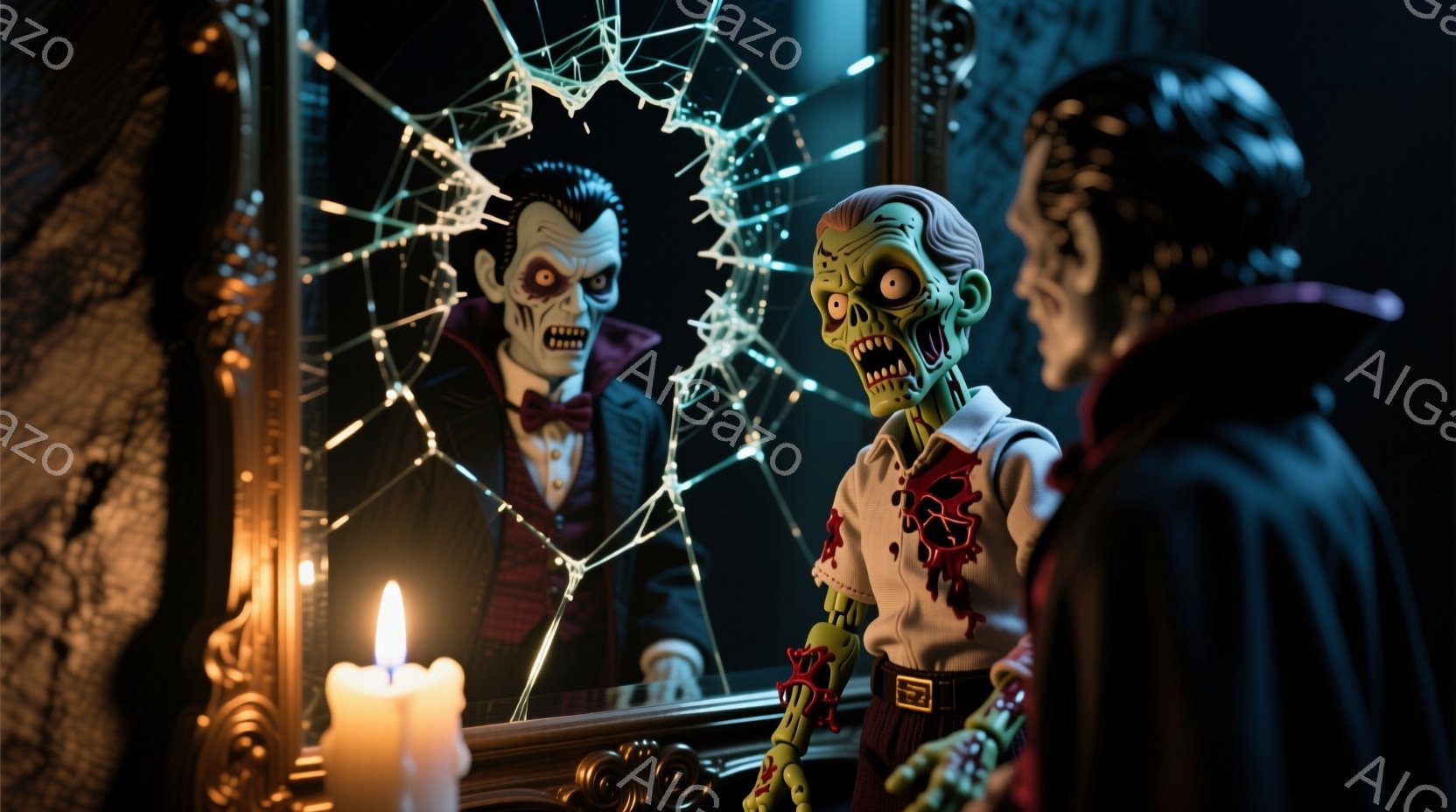 古い様式のフレームに囲まれた鏡の前には、ゾンビのような外見の人物と、クラシックなドラキュラ風の人物が立っている。ゾンビは緑色の肌、露出した骨、薄汚れたシャツとズボンを身につけ、ドラキュラは黒いスーツを着ており、鏡に映る姿はどこか不気味で、暗い背景とキャンドルの光が怪しげな雰囲気を醸し出している。 蜘蛛の巣が絡みつき、全体的にハロウィンやゴシックホラーを思わせる、少し不気味で奇妙な光景である。