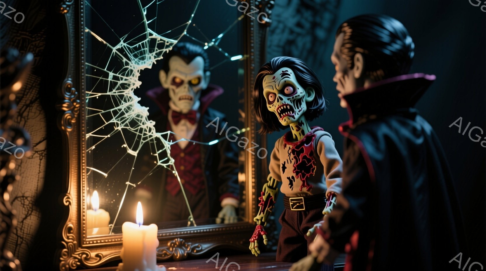 古びた鏡の前に、血の付いた服を着た不気味な少女の人形が立っている。人形は緑色の肌をしており、鋭い歯を見せ、まるでゾンビのような表情をしている。背景には暗い部屋と蜘蛛の巣が張り巡らされた壁があり、ろうそくの光が不気味な雰囲気を強調している。