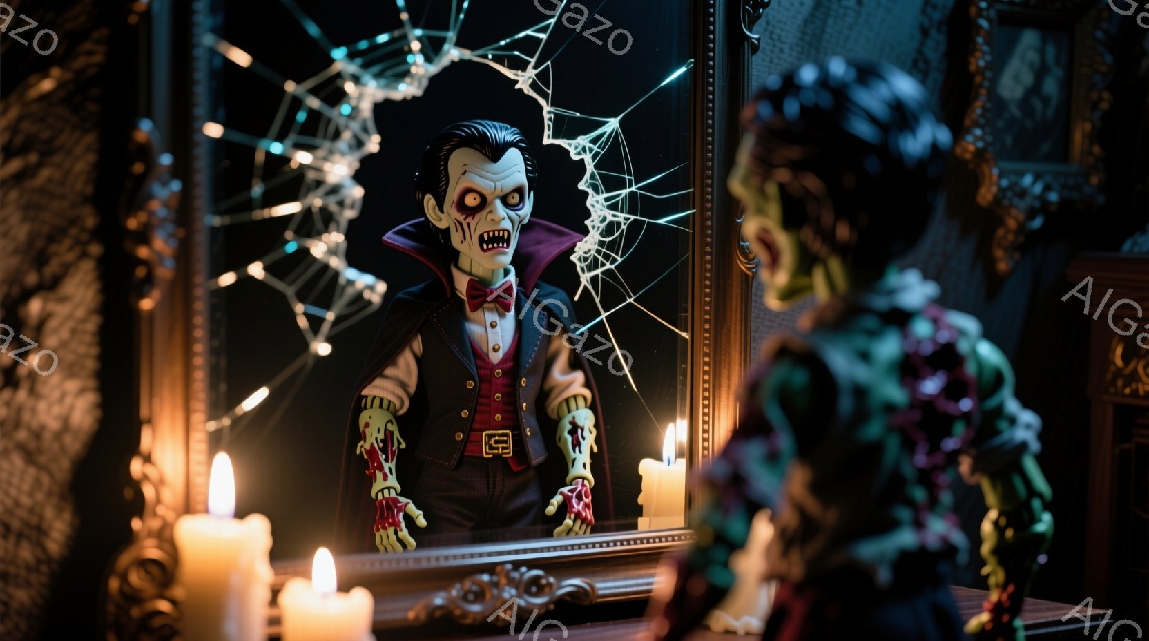 古風なフレームの鏡に映る、クラシカルなヴァンパイアの人形が印象的です。黒髪で整髪され、赤い蝶ネクタイと黒いベストを着た人形は、少し不気味な微笑みを浮かべ、血の付いた手で自身の姿を見つめています。背景には蜘蛛の巣が広がり、暗い部屋の中で揺らめく蝋燭の光が、不気味で神秘的な雰囲気を醸し出しています。