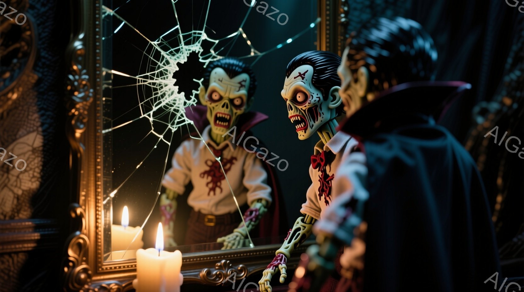 壊れた鏡の前に、ゾンビのような男が立っている。彼は黒いマントを着て、血のようなものが首から流れ落ちている。背景にはキャンドルが灯っており、クモの巣が張り巡らされた薄暗い部屋で、不気味でホラーな雰囲気が漂っている。