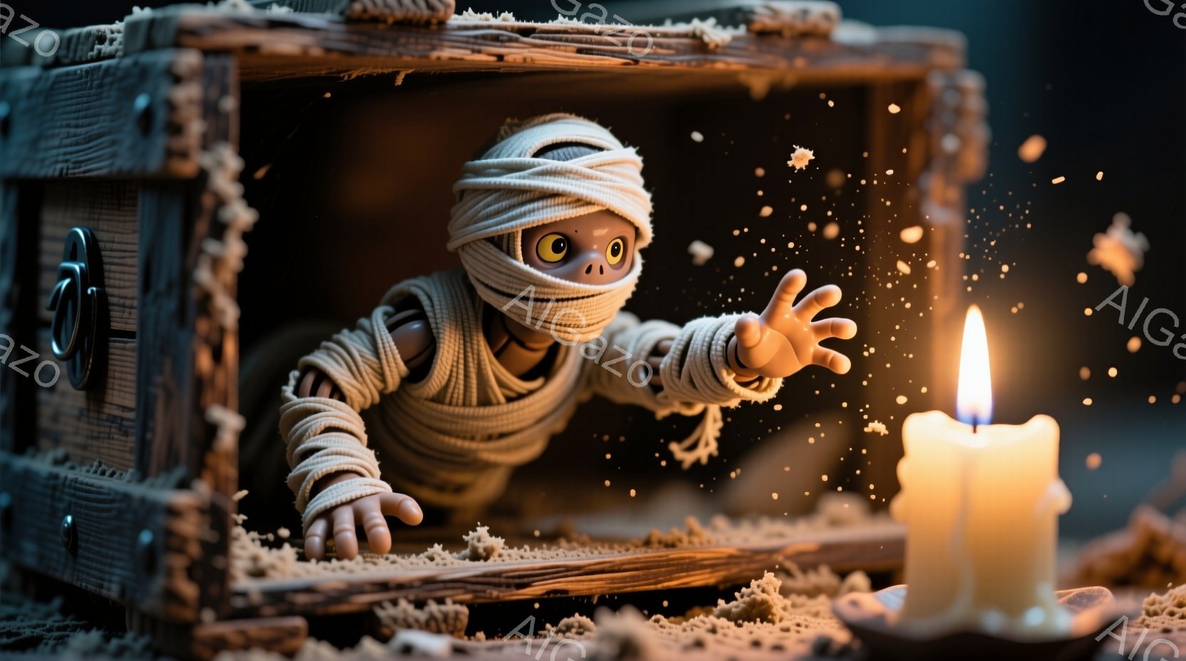 古びた木箱からミイラのような姿の小さなキャラクターが片手を伸ばして飛び出そうとしている。キャラクターは全身を包帯で覆われ、大きな目とわずかな笑顔が特徴的で、少しユーモラスな印象を与える。背景は暗く、木箱の周囲に砂のようなものが散らばり、ロウソクの灯りが全体を照らし、ハロウィーンらしい不気味で楽しい雰囲気を醸し出している。
