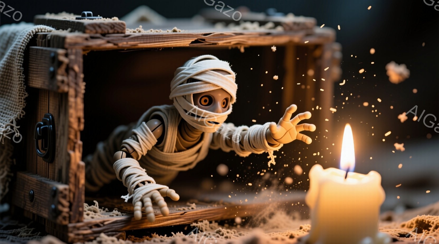 古びた木箱からミイラ風の小さな人形が這い出てくる様子が描かれています。人形は包帯で全身が覆われ、大きな瞳が印象的で、片方の腕は伸ばし、もう片方の腕は箱の中に残っています。背景にはぼやけた暗闇と、光るキャンドルがあり、不気味ながらも可愛らしい雰囲気を醸し出しています。