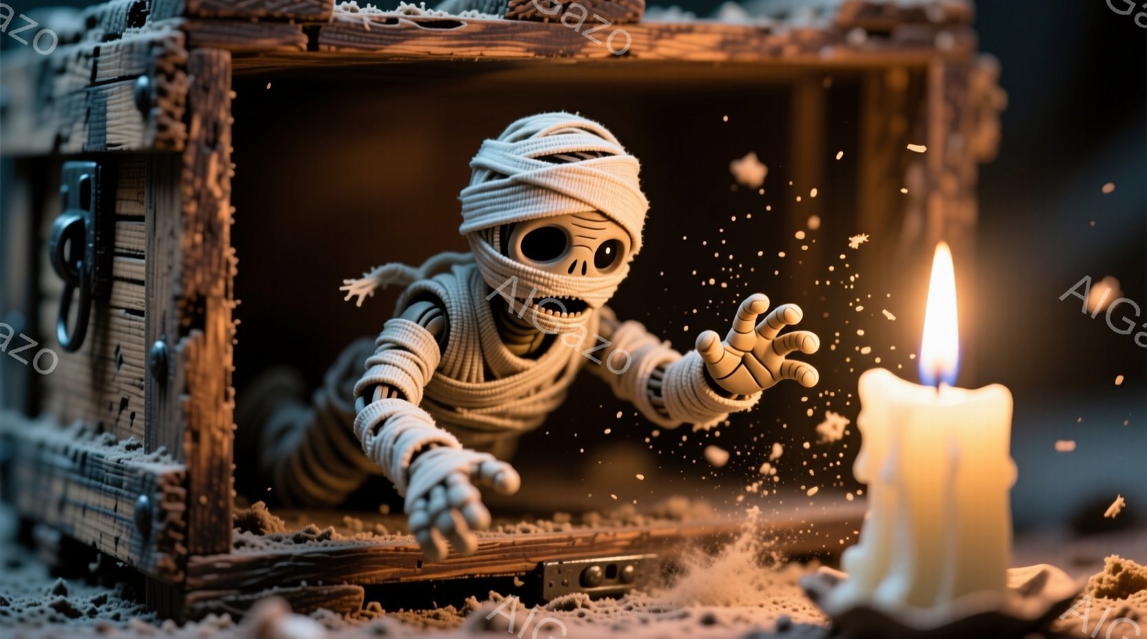 古びた木製の箱からミイラ化した小さなモンスターが現れ、両手を伸ばしてこちらへ向かってきている様子が描かれています。モンスターは包帯で全身が覆われ、大きな丸い目が特徴的で、少し不気味な表情をしています。背景には、砂のようなものが散らばり、箱の周りを照らすキャンドルの炎が暖かくもミステリアスな雰囲気を醸し出しています。