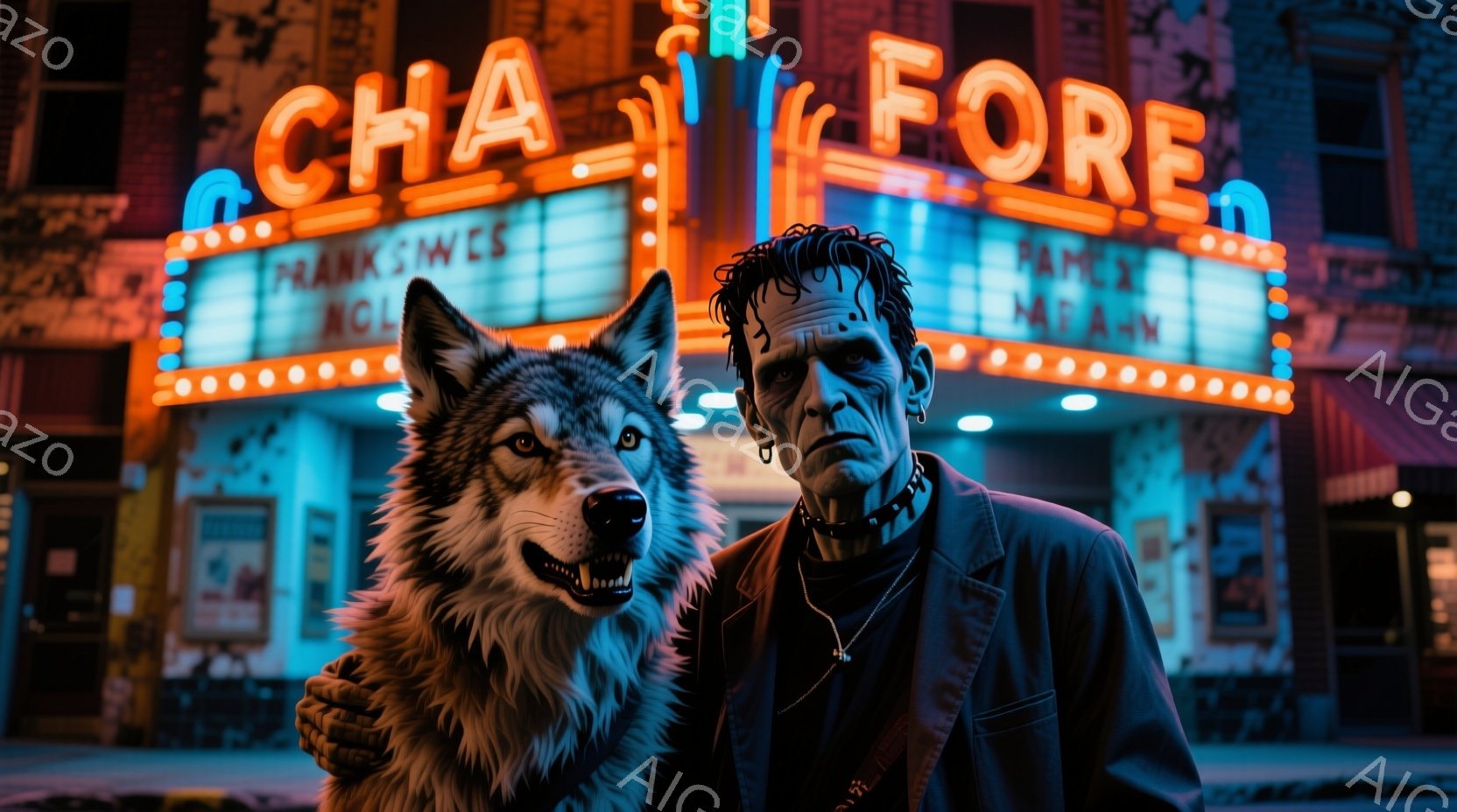 狼のような犬とフランケンシュタインのモンスターが、賑やかな街の夜の映画館の前で肩を並べて立っています。フランケンシュタインは黒いスーツとシャツを着ており、特徴的な緑色の肌とボルトの入った首を持っています。背景にはネオンライトで飾られた映画館があり、夜空の下で活気ある雰囲気を作り出しています。