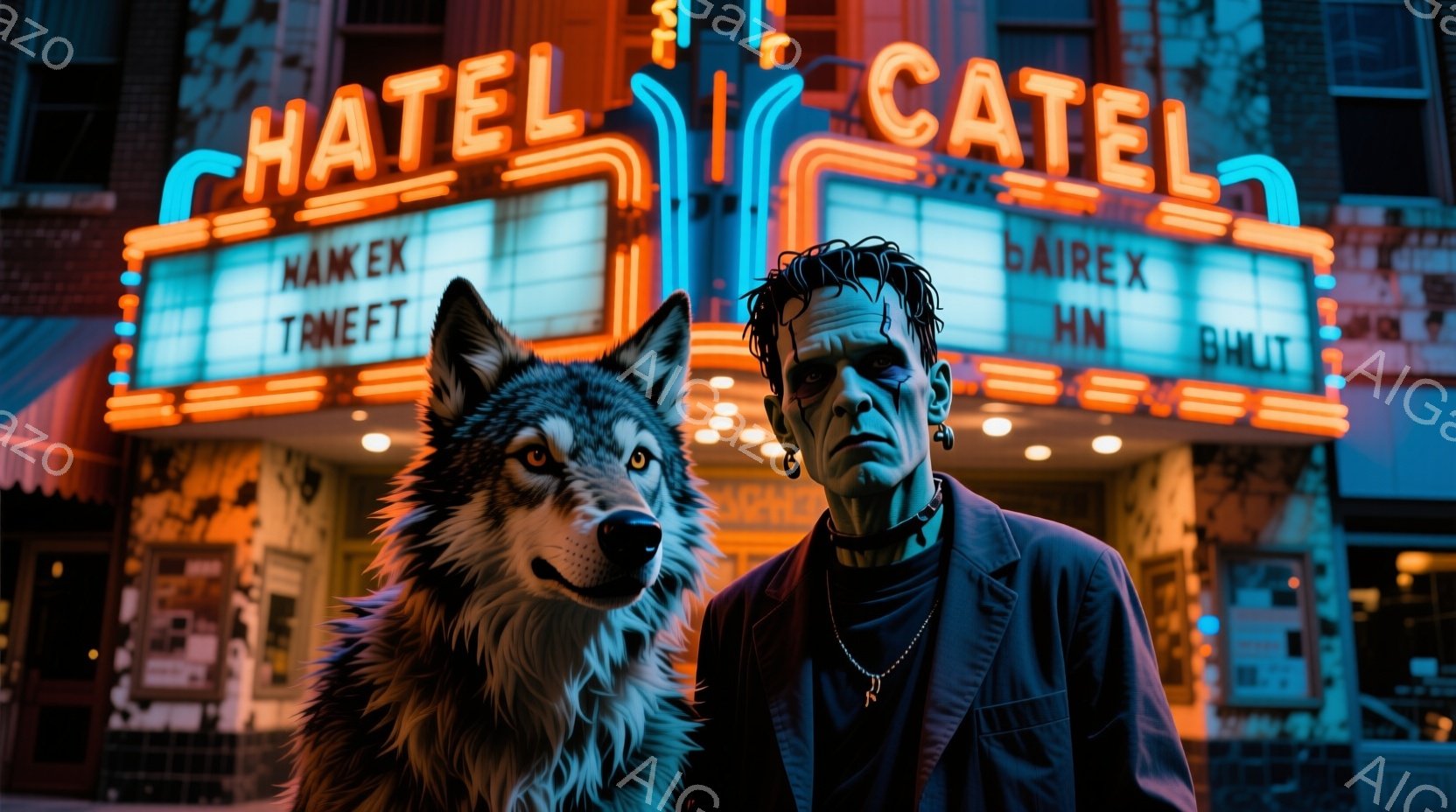 フランケンシュタインのモンスターとオオカミが並んで立っています。フランケンシュタインは黒いコートを着て、首にはチェーンが巻かれ、不機嫌そうな表情をしています。背景には、ネオンサインが輝く古い映画館があり、夜の賑やかな雰囲気を醸し出しています。