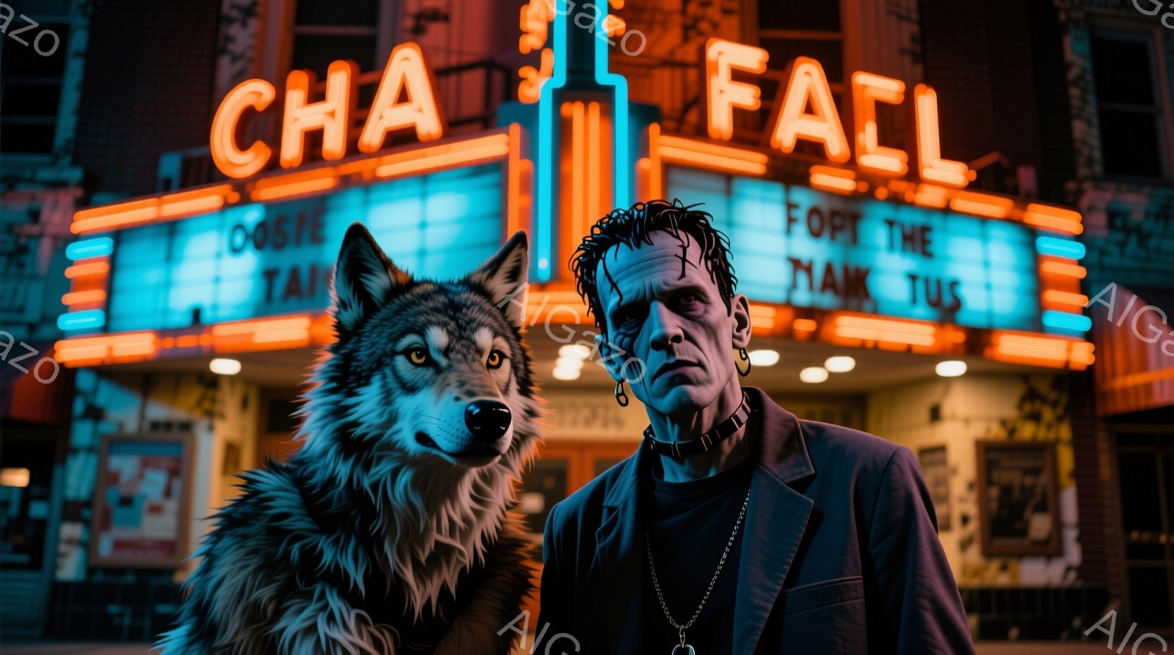 映画館のネオンサインを背景に、フランケンシュタインの怪物とオオカミが並んで立っています。怪物は黒いスーツにネクタイをし、髪はボサボサで、顔には傷跡があり、真剣な表情をしています。オオカミは毛並みが良く、鋭い目つきで、怪物の隣で威厳に満ちた姿勢を保っています。