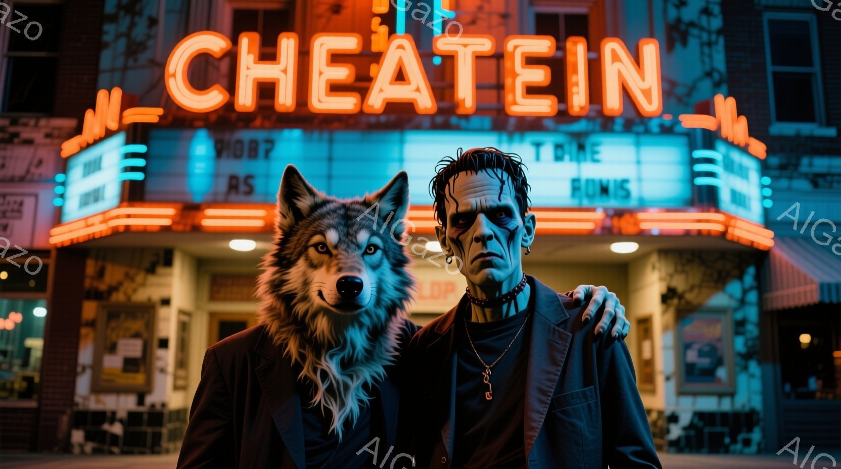 街の映画館の前で、フランケンシュタインの怪物のような男と狼の姿をした犬が並んで立っている。男は黒いスーツを着ており、顔は緑色で、特徴的な傷跡がある。背景には、ネオンサインが輝く映画館の建物があり、全体的に少し不気味ながらもユーモラスな雰囲気である。
