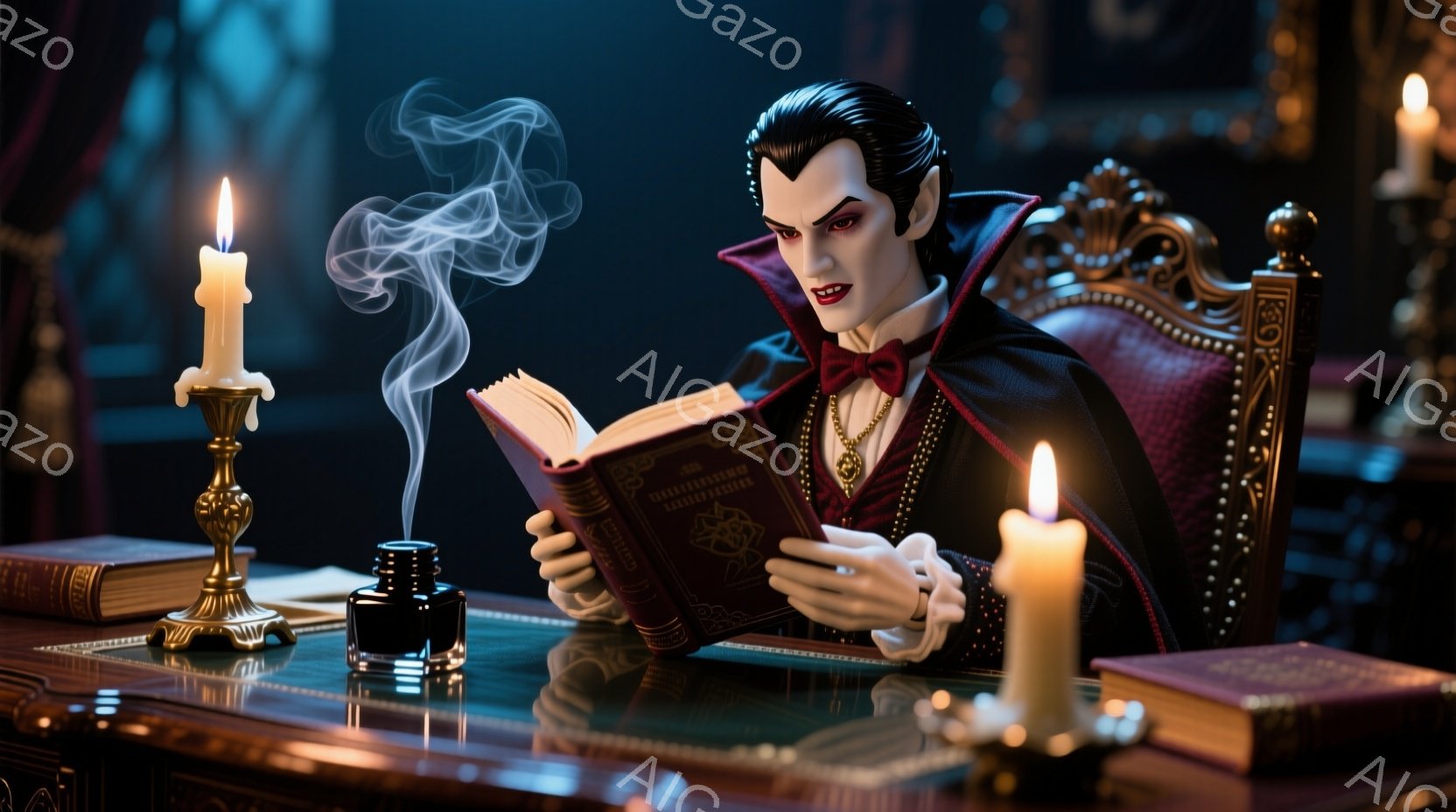 濃い髪を後ろにとかした男性は、赤いビロードのジャケットと白いシャツを着ており、赤い蝶ネクタイが特徴的です。彼は豪華な机に向かい、本を読みながらわずかに微笑んでいます。背後には、金色の燭台と本が置かれ、薄暗い光の中でミステリアスな雰囲気を醸し出しています。