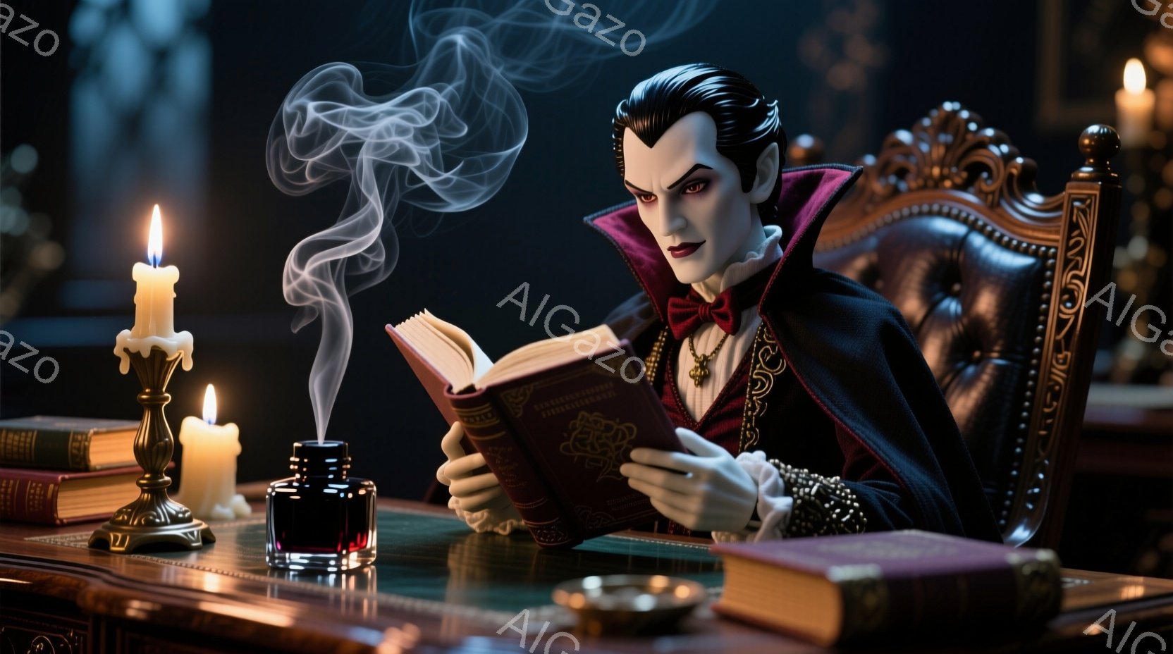 濃い色のローブと赤い蝶ネクタイを身につけた男性が、豪華な椅子に座って本を読んでいます。彼の表情は落ち着いており、髪型は整えられています。背景には、キャンドル、本、インク壺が置かれたアンティークな机があり、まるで古い図書館や書斎のような雰囲気です。