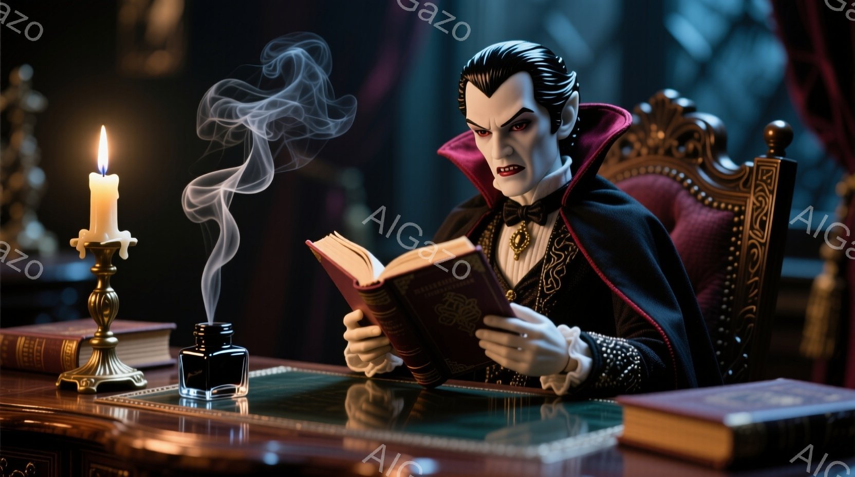 黒髪で整った髪型をした男性は、華やかな装飾が施された黒い衣装を身につけ、赤い裏地が特徴的な椅子に座って本を読んでいます。彼の顔は蒼白で、鋭い眼差しとわずかな微笑みを浮かべており、どこかミステリアスな雰囲気を醸し出しています。背景には、古い本やインク壺、ろうそくが置かれた重厚な机があり、薄暗い照明と煙が漂う中で、神秘的な雰囲気を強調しています。
