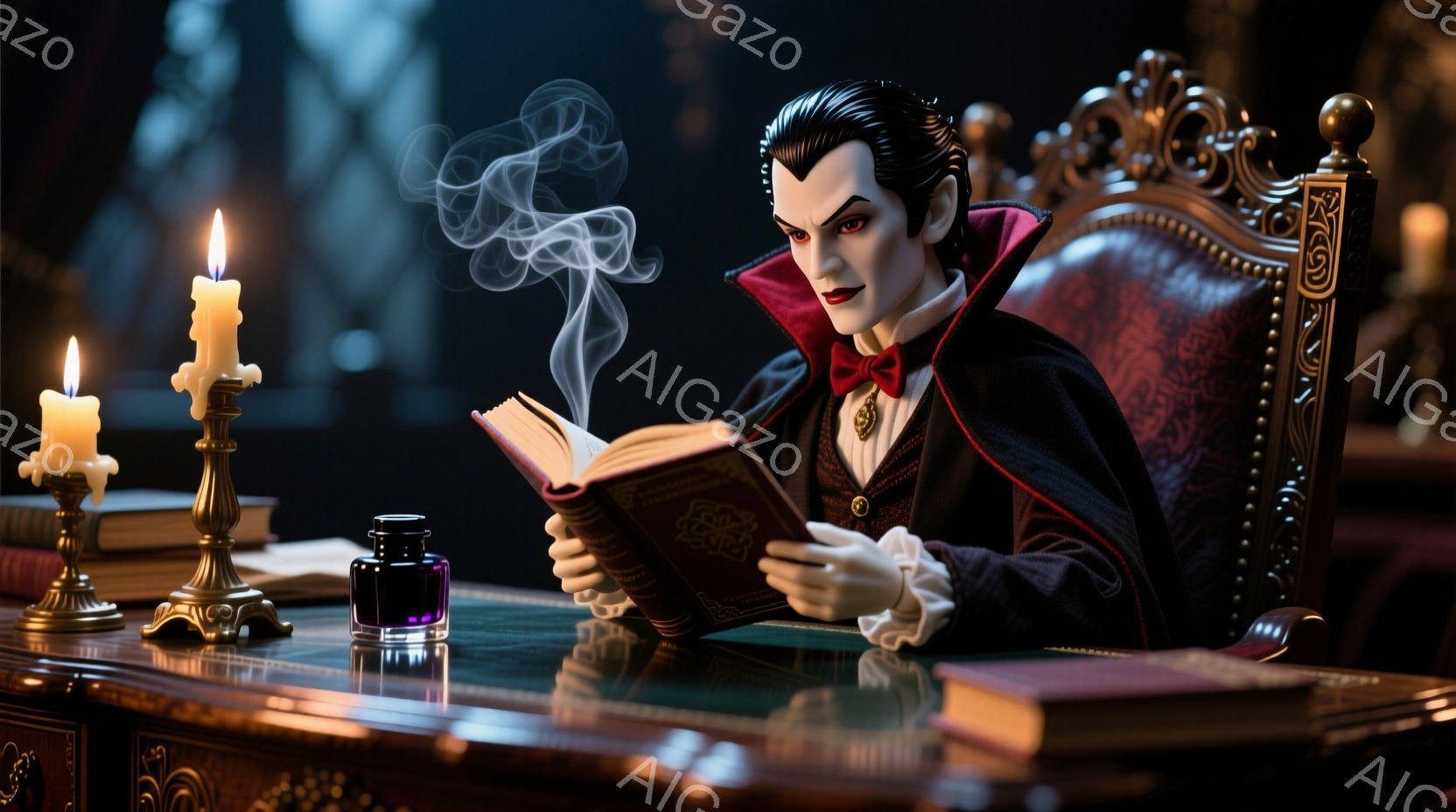 深い赤色の豪華な椅子に座った男性は、古典的なヴァンパイアの装いをしており、黒いローブと白いシャツを身につけ、赤い首飾りをしています。彼は本を読みながら煙を吐き出し、真剣な表情でページを見つめています。背景には、本やインク瓶が置かれた光沢のある机があり、全体的に神秘的で重厚な雰囲気を醸し出しています。