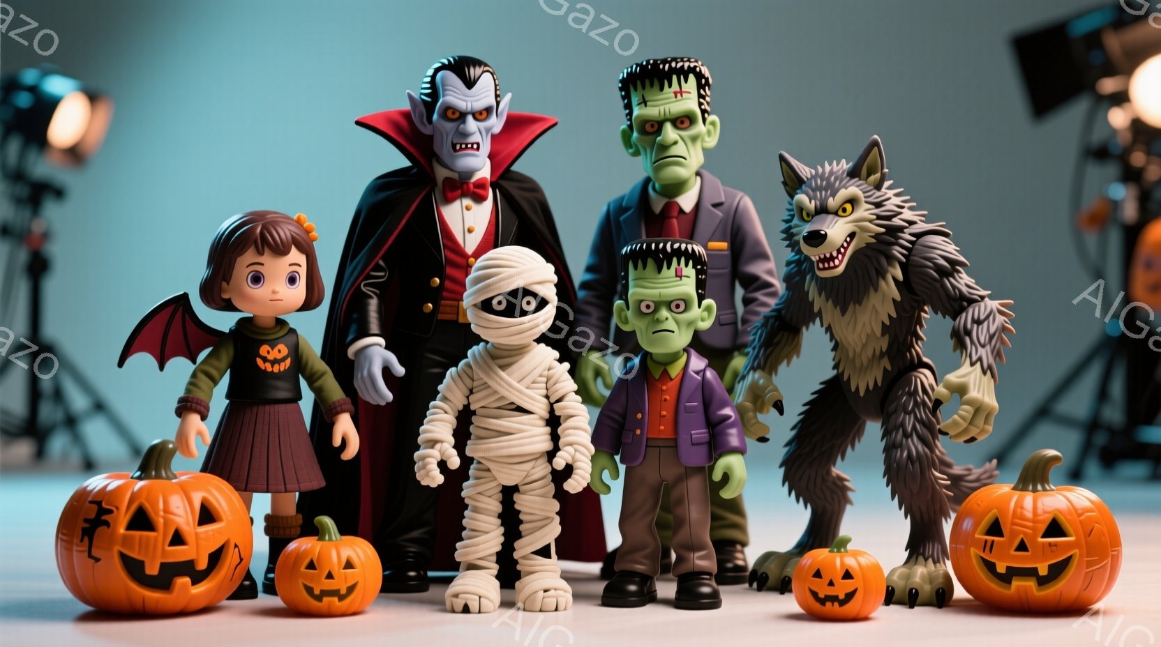 ハロウィーンのキャラクターたちが、オレンジ色のカボチャに囲まれて整列しています。吸血鬼は黒いスーツと赤い蝶ネクタイを着て、鋭い眼光でこちらを見つめています。ミイラ、フランケンシュタイン、狼男はそれぞれ特徴的な衣装と表情で、可愛らしい雰囲気を作り出しています。