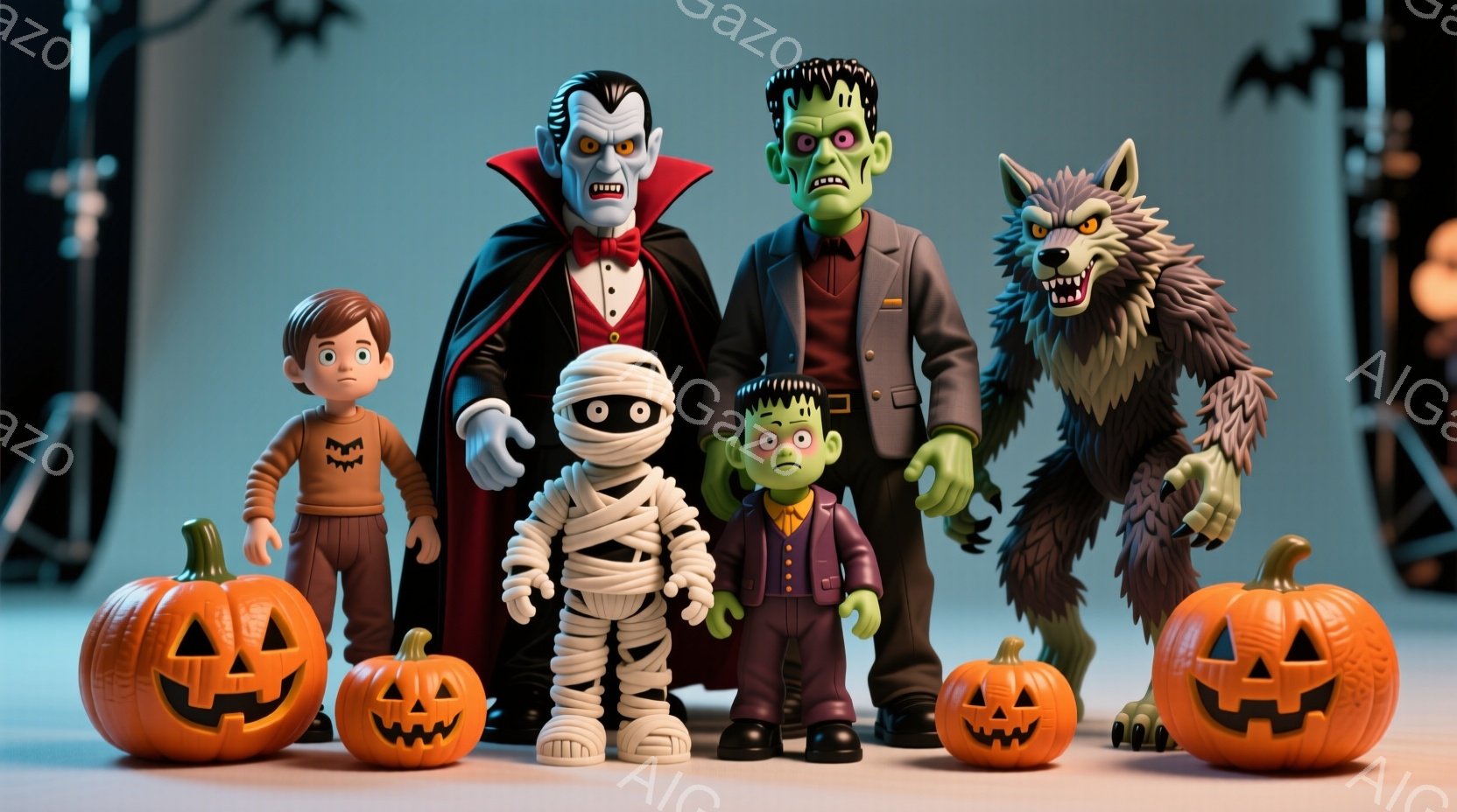ハロウィーンをテーマにした、おもちゃのようなモンスターたちの集合写真です。吸血鬼、フランケンシュタインの怪物、ミイラ、狼男、そして少年が、ジャック・オー・ランタンに囲まれて整列しています。背景には、黒いコウモリのシルエットと、ぼやけた構造物があり、全体的に不気味でありながらも可愛らしい雰囲気を醸し出しています。