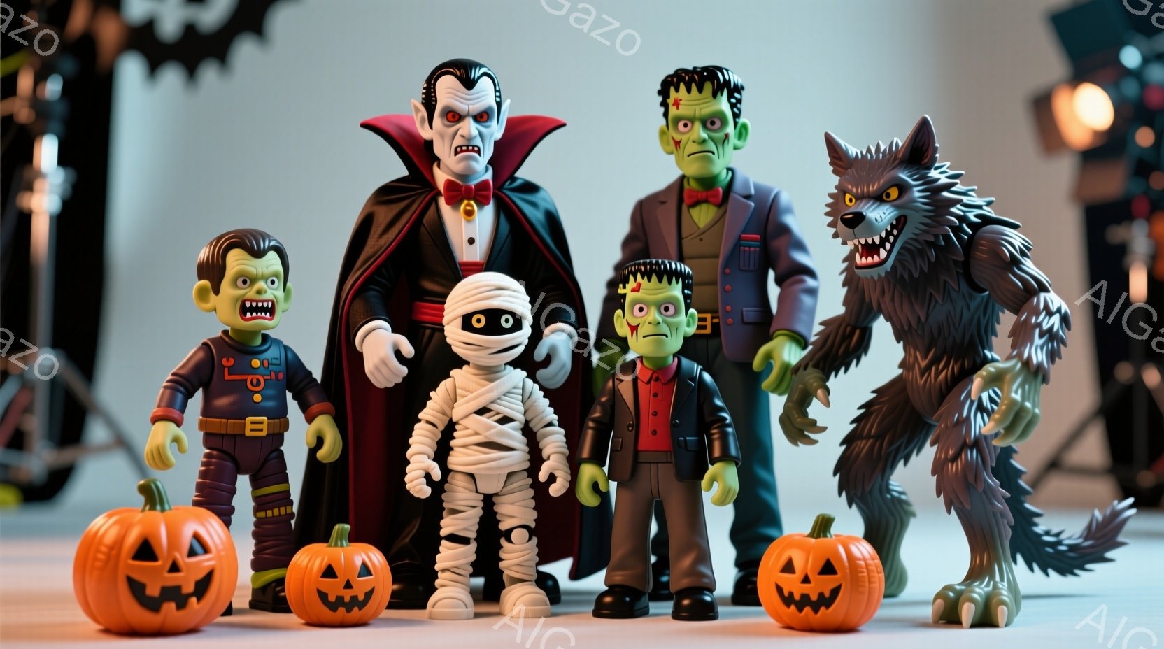 ハロウィーンをテーマにしたおもちゃのモンスターたちが整列している画像です。ドラキュラ、フランケンシュタイン、ミイラ、狼男がそれぞれ特徴的な衣装と表情で、かぼちゃのランタンに挟まれて立っています。背景は白で、ハロウィーンの装飾がわずかに見え、全体的に明るく楽しい雰囲気です。