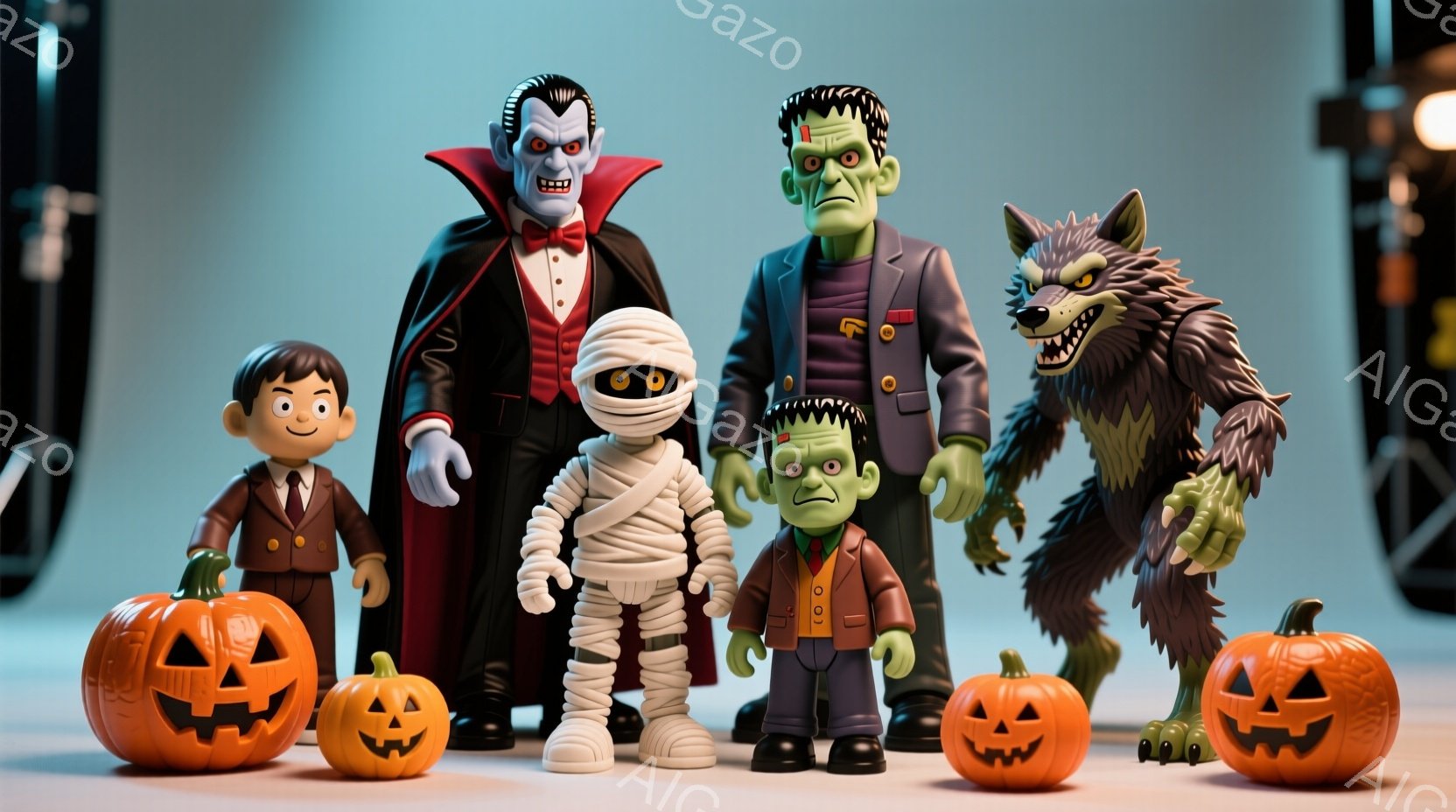 ハロウィーンをテーマにした人形たちが、オレンジ色のジャック・オ・ランタンに囲まれて整列している。吸血鬼は黒いスーツに赤い裏地が施され、整った髪型で自信に満ちた表情を浮かべている。ミイラ、フランケンシュタイン、狼男はそれぞれ特徴的な衣装と表情で、少し不気味ながらも愛らしい雰囲気を醸し出している。