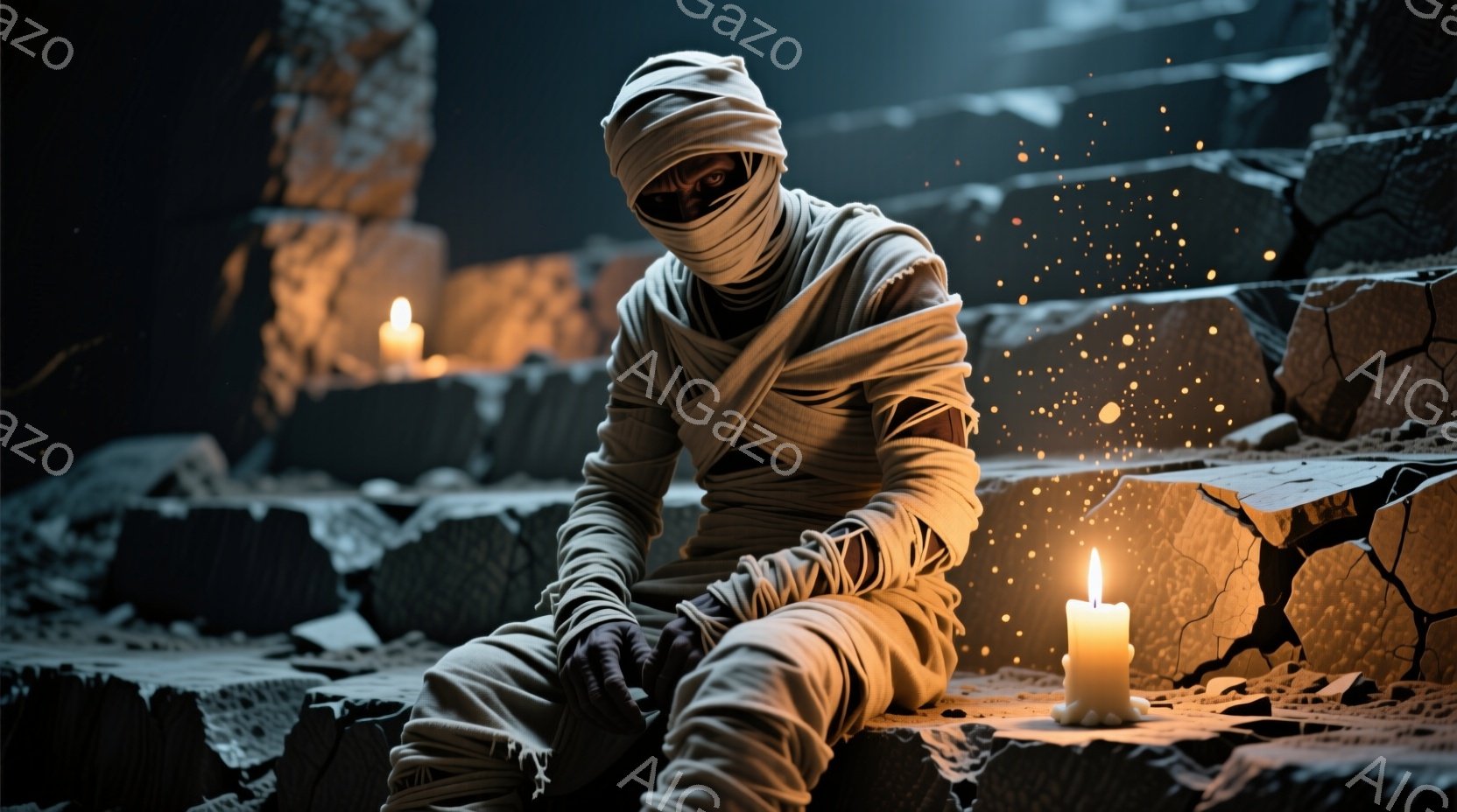 崩れかけた石造りの遺跡で、包帯で全身を覆った人物が膝を抱えて座っている。暗い背景には、複数のロウソクが灯り、微かな光を投げかけ、その姿に影を落としている。全体的に、神秘的で寂しげな雰囲気を醸し出しており、古代の遺跡に彷徨うミイラのような存在を想起させる。