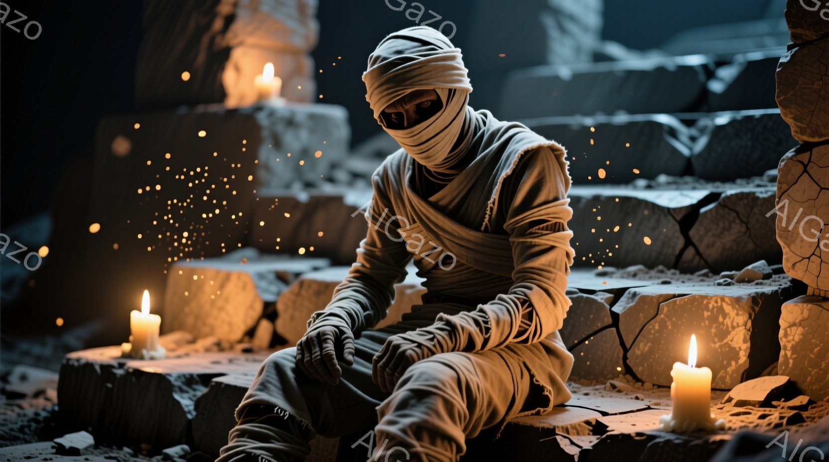 古代エジプトを彷彿とさせる石造りの空間で、全身を包帯で覆われた人物がうずくまっている。薄暗い中で、数本のロウソクが灯され、包帯に影を落としている。石造りの階段や彫刻が背景にあり、閉鎖的で神秘的な雰囲気を醸し出している。