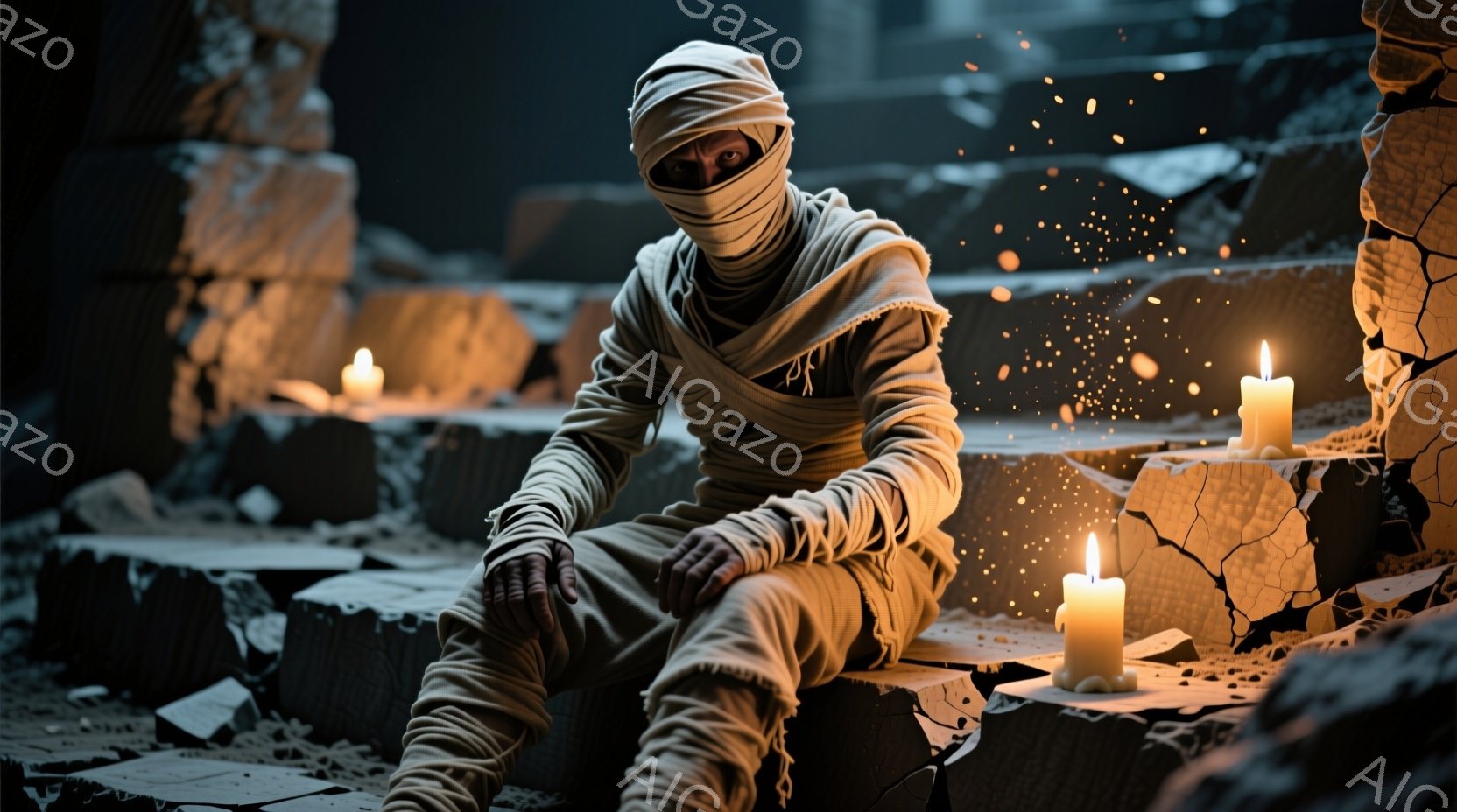 崩れた石造りの廃墟に、包帯で全身を覆った人物がうずくまっている。ろうそくの光が包帯を照らし、その表情はほとんど見えないが、疲労と絶望の色が感じられる。背景には崩れ落ちた石積みや瓦礫が広がり、暗く陰鬱な雰囲気が漂っている。