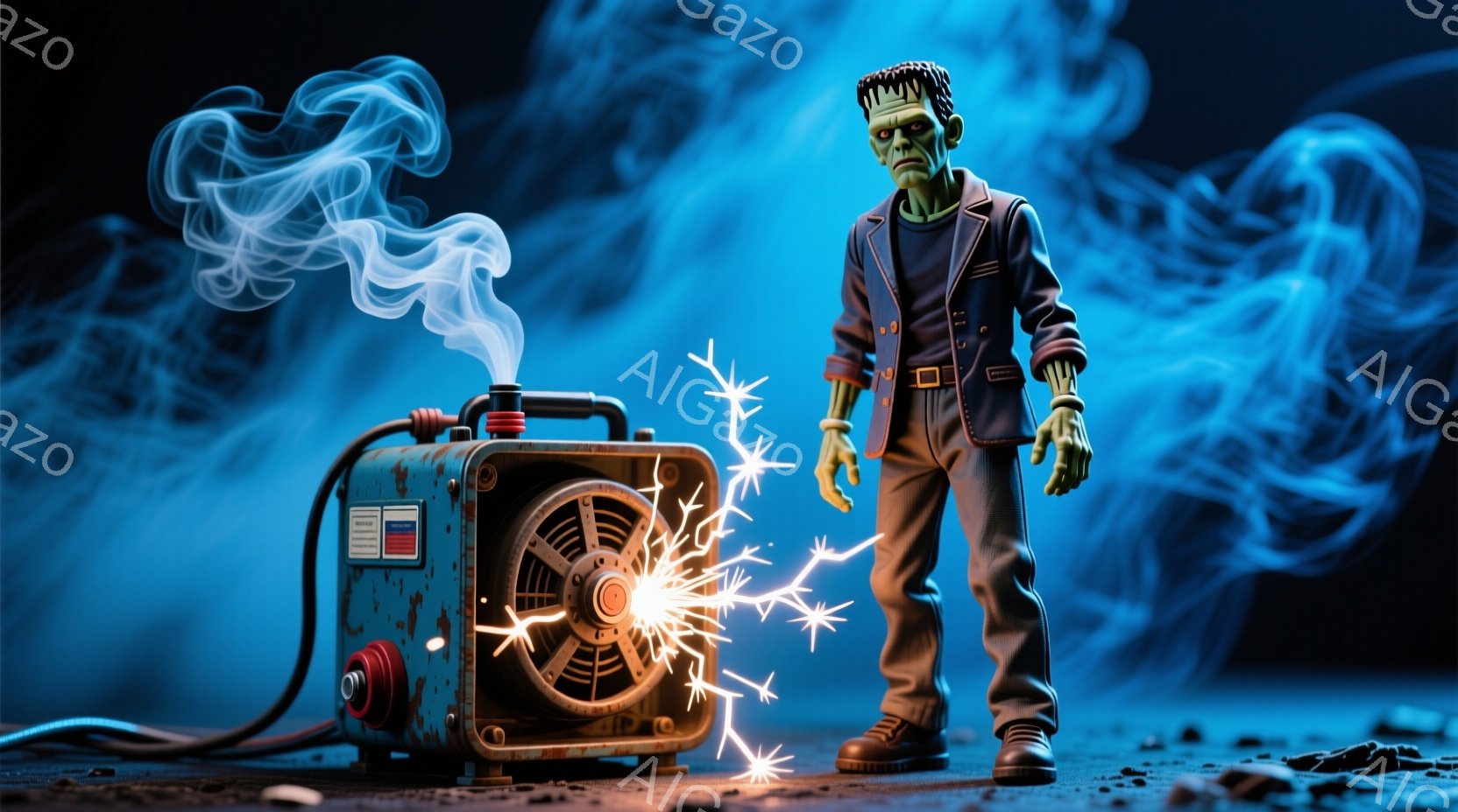 緑色の肌のフランケンシュタインのモンスターが、古びた溶接機の前で立っている。彼は黒い髪、ダークブルーのジャケット、黒いズボン、ブーツを着用しており、溶接機から飛び散る火花と煙を見ているような姿勢をとっている。背景は暗く、青みがかった色合いで、全体的に不気味でミステリアスな雰囲気を醸し出している。