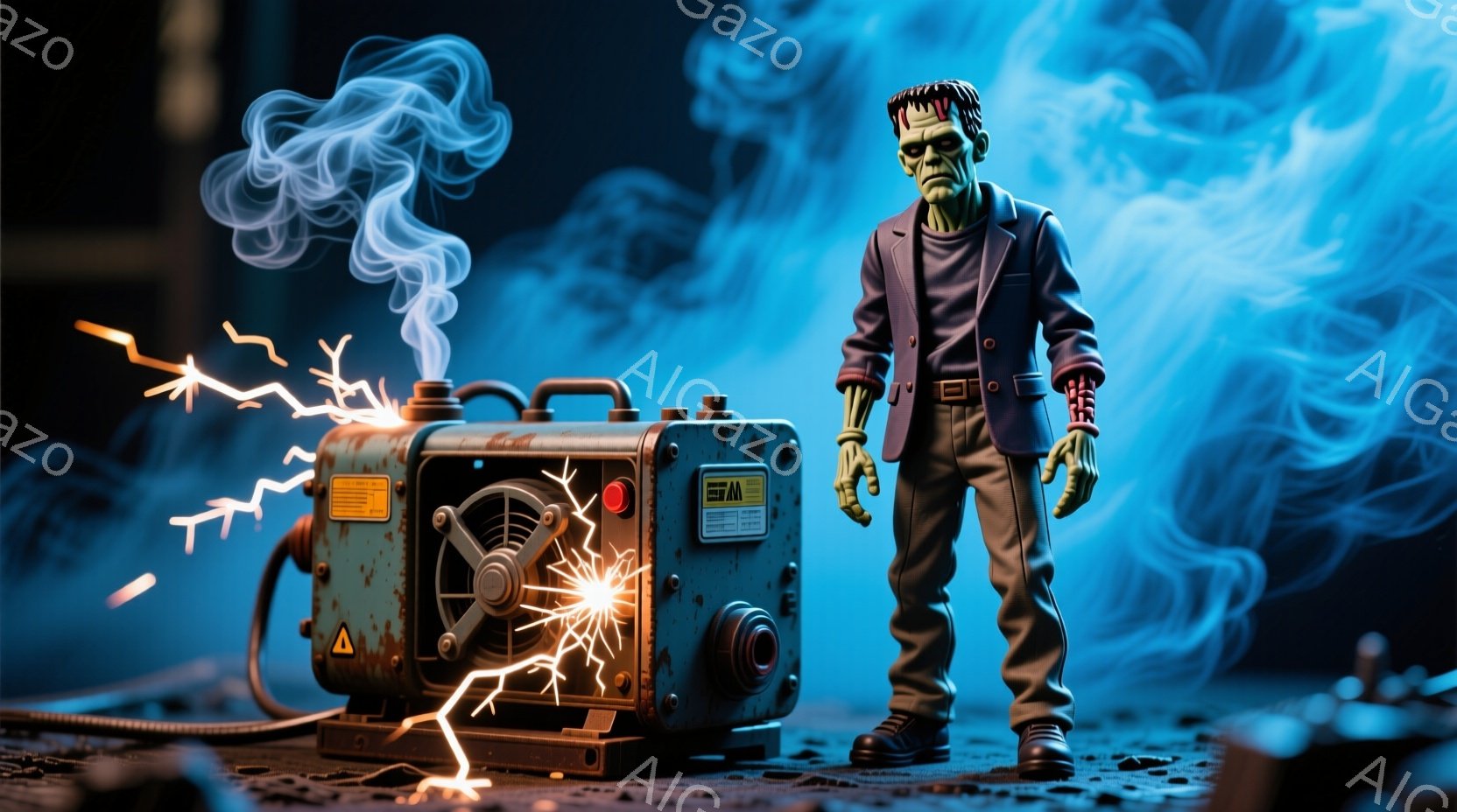 怪物が、錆び付いた溶接機から生み出されたばかりのように立っている。彼は紫色のスーツに黒い靴を履き、緑色の肌と特徴的な髪型をしている。背景には煙が立ち込め、溶接機から火花が散っており、不気味で工業的な雰囲気を醸し出している。