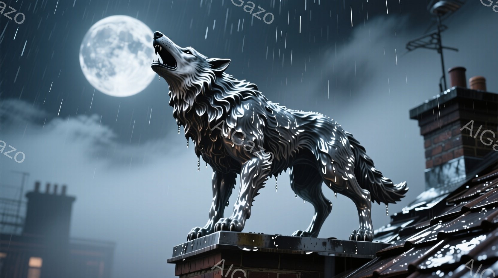 暗い夜空の下、屋根の上に狼の彫像が立っている。彫像は雨に濡れ、全身から水滴が流れ落ちている。背景には、ぼんやりとした街並みと、満月が輝き、全体的に陰鬱で神秘的な雰囲気を醸し出している。