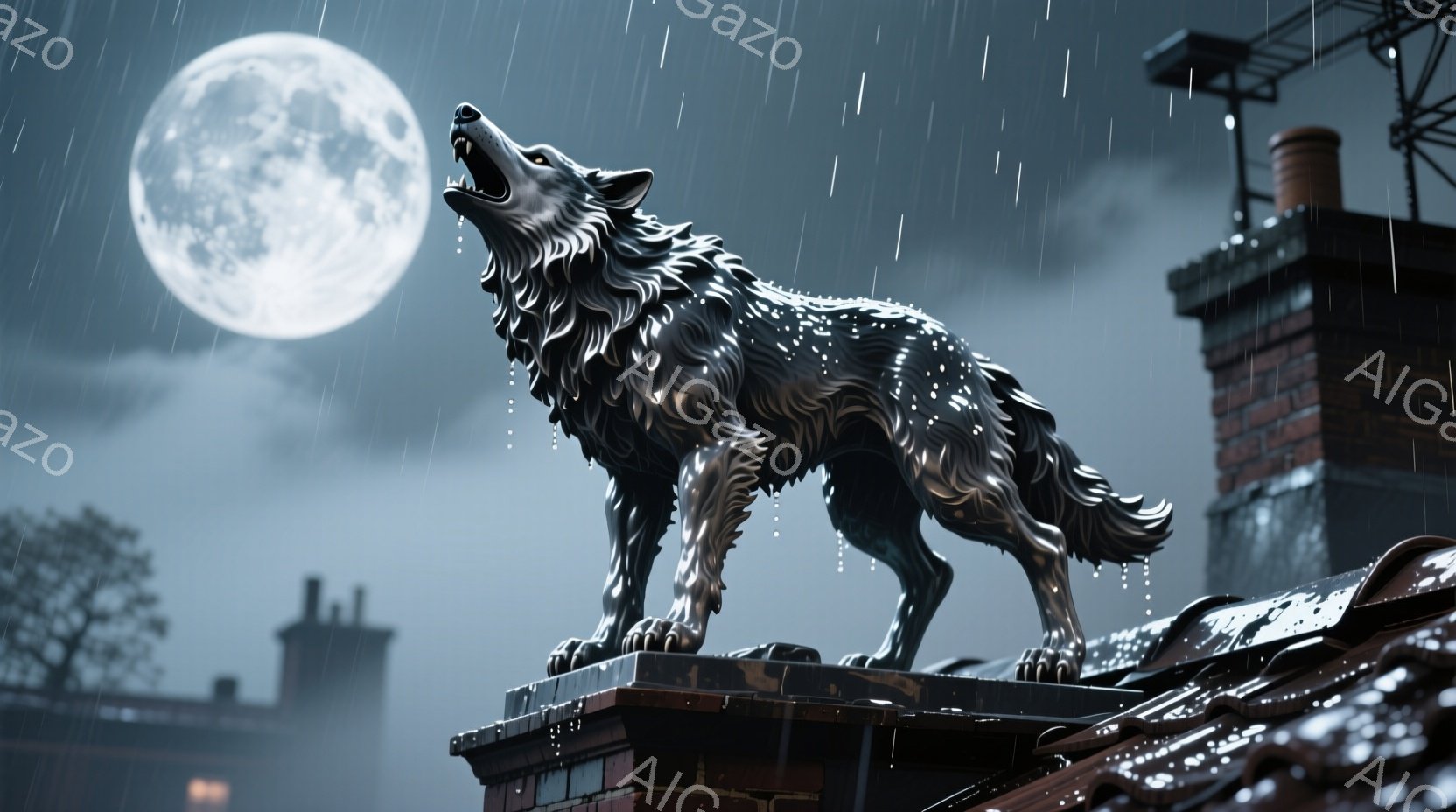屋根の上に立つ狼の彫刻が描かれています。狼は口を開けて遠吠えをしており、その姿勢は力強く、まるで生きているかのように見えます。背景には、暗い夜空と満月、そして雨が降る街並みが見え、全体的に神秘的で幻想 - AI生成フリー素材