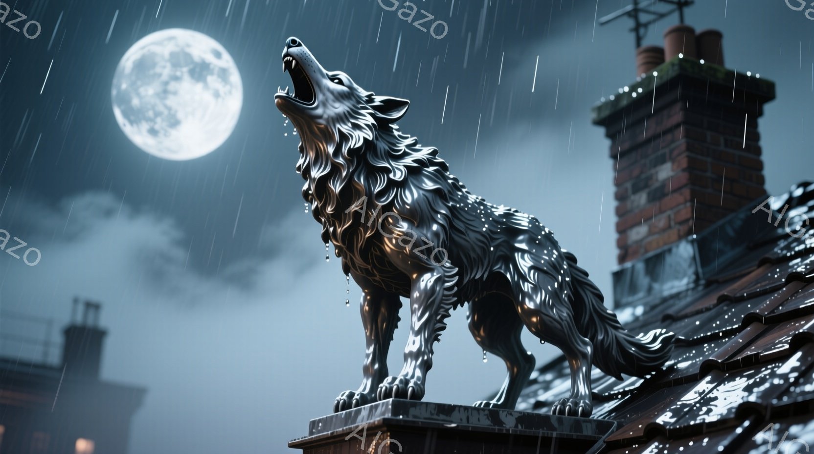 暗い夜空を背景に、屋根の上に立つ狼の彫像が描かれています。彫像は頭を上げ、遠吠えをしているかのようなポーズで、雨に濡れています。背景には煙突が立ち並び、ぼんやりと光る街並みと満月が、幻想的で少し寂しげ - AI生成フリー素材