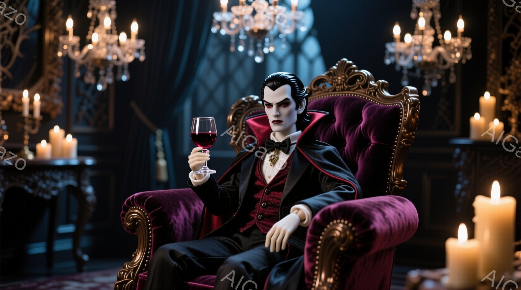深紅のベルベットの肘掛け椅子に座った男性は、黒いスーツと白いシャツを着ており、赤い蝶ネクタイがアクセントになっています。彼の髪型は整った逆毛で、表情はどこか冷たく、片手にワイングラスを持っています。背景には豪華なシャンデリアや無数のロウソクが灯り、暗く神秘的な雰囲気を醸し出しています。